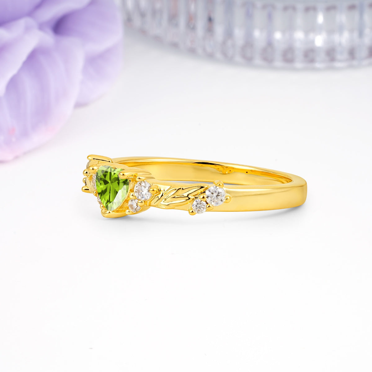 Dainty Twisted Branch Floral Outline Ball Prong Heart Cut Peridot Engagement Ring - Additional view