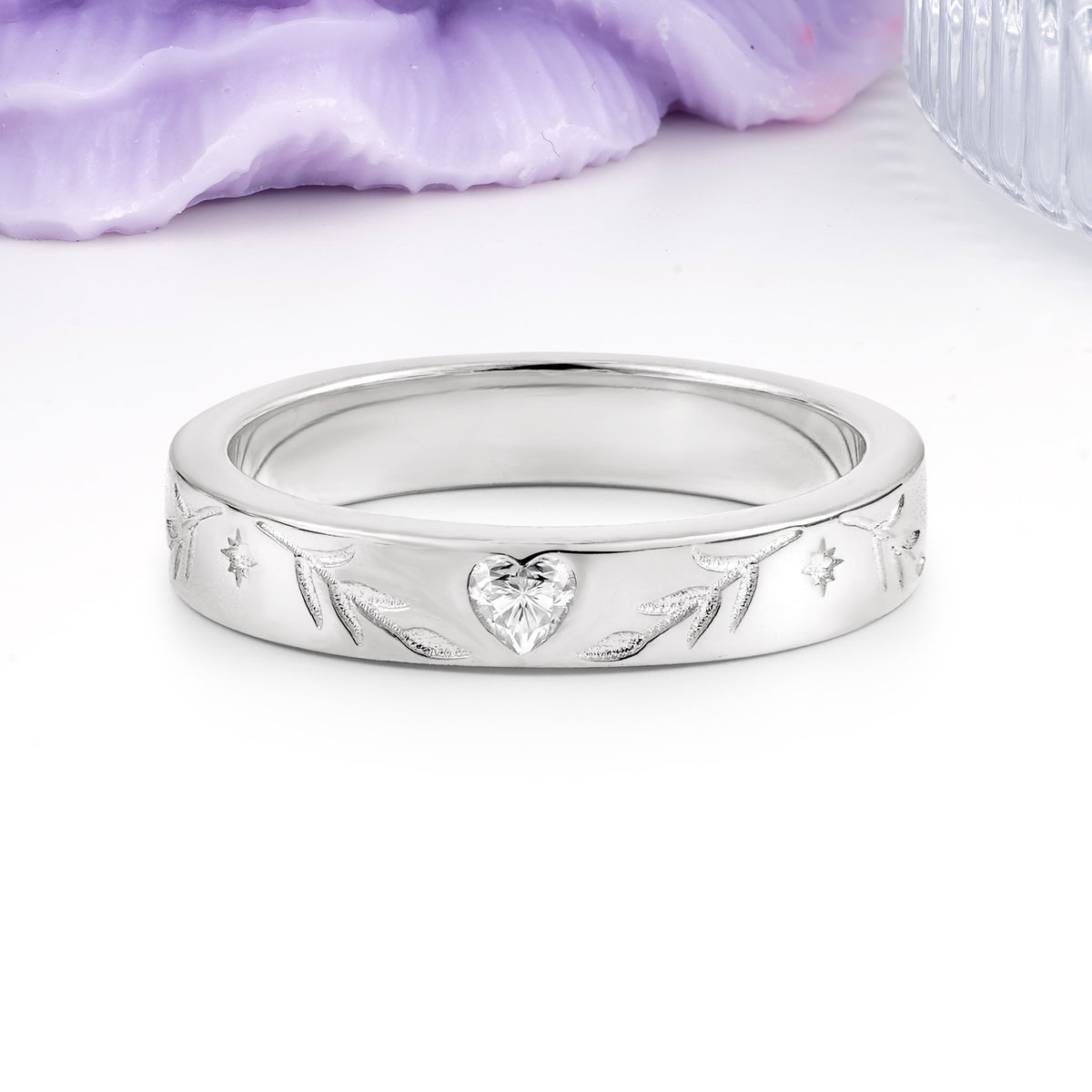 Vintage Hand?Etched Foliage Star Motif Heart Cut Moissanite Wedding Ring - Additional view