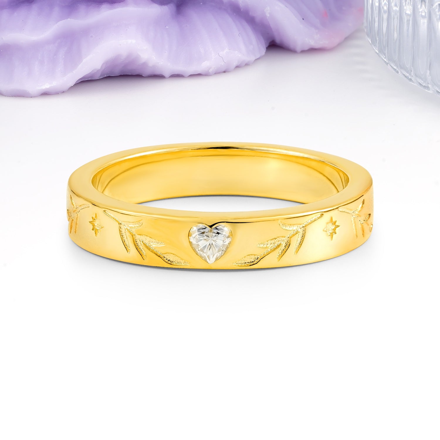 Vintage Hand?Etched Foliage Star Motif Heart Cut Moissanite Wedding Ring - Additional view