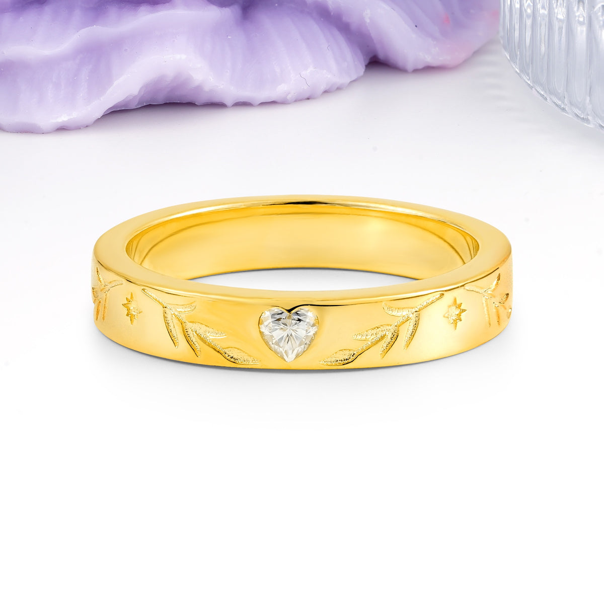 Vintage Hand?Etched Foliage Star Motif Heart Cut Moissanite Wedding Ring - Additional view