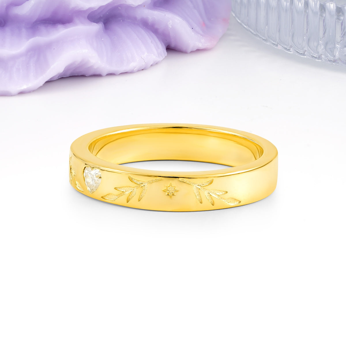 Vintage Hand?Etched Foliage Star Motif Heart Cut Moissanite Wedding Ring - Additional view
