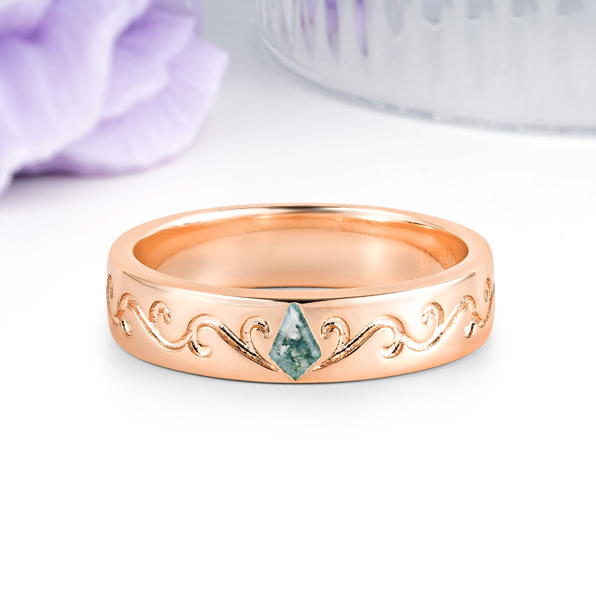 Whimsical Vintage Filigree Scroll Kite Cut Moss Agate Wedding Ring - Additional view