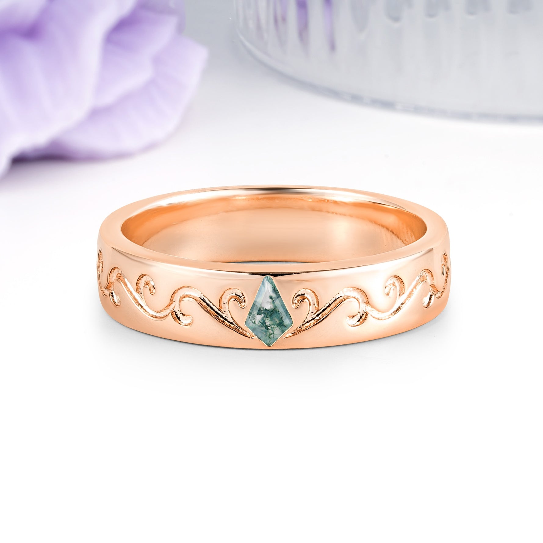 Whimsical Vintage Filigree Scroll Kite Cut Moss Agate Wedding Ring - Additional view