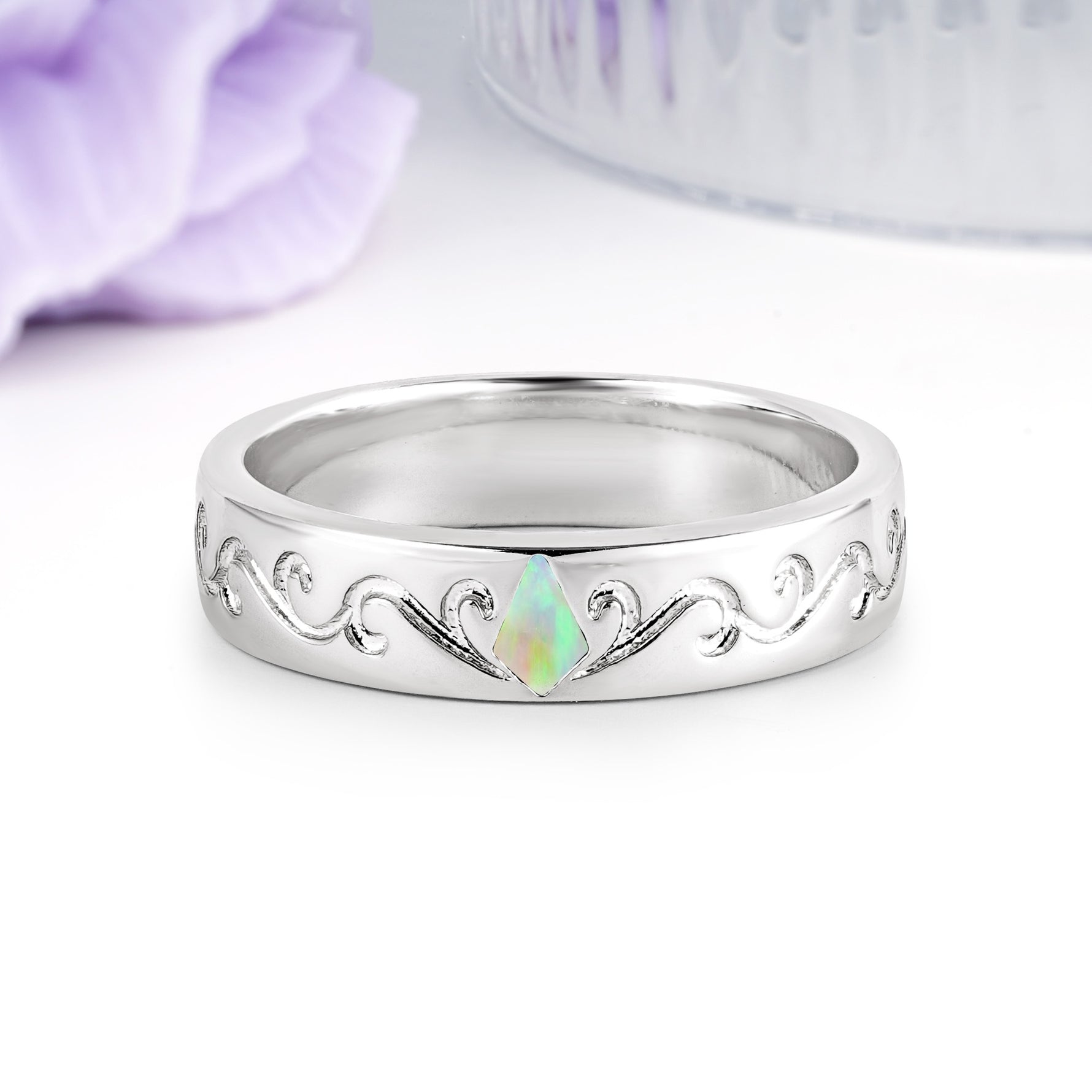 Whimsical Vintage Filigree Scroll Kite Cut Fire Opal Wedding Ring - Additional view