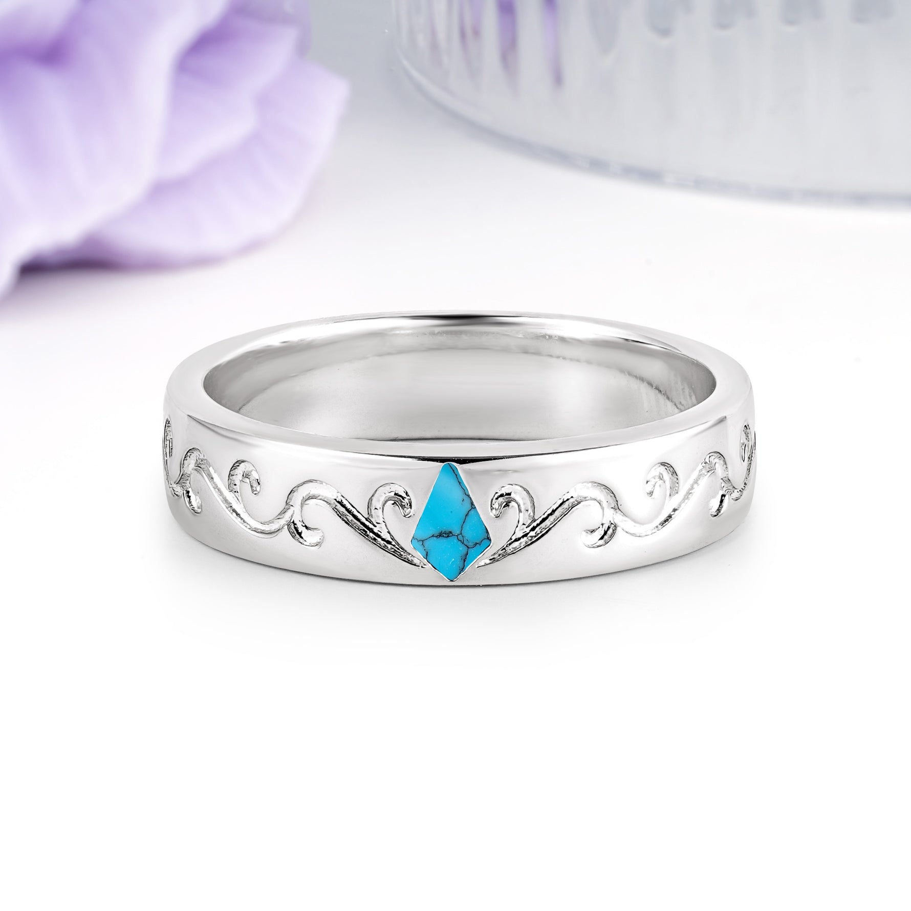 Whimsical Vintage Filigree Scroll Kite Cut Turquoise Wedding Ring - Additional view