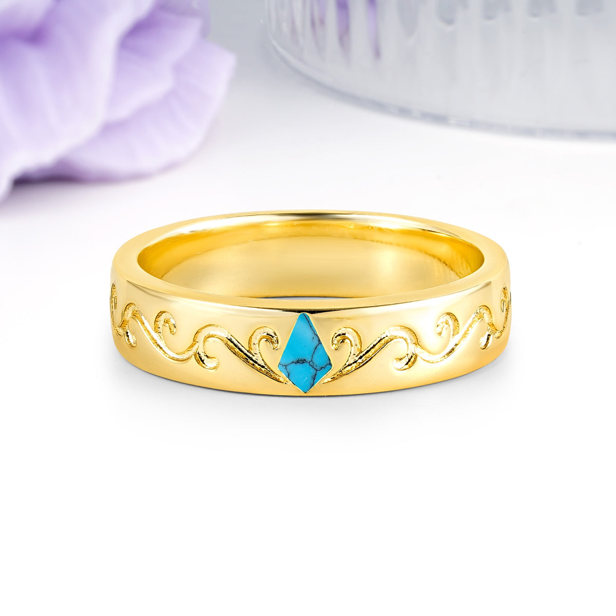 Whimsical Vintage Filigree Scroll Kite Cut Turquoise Wedding Ring - Additional view