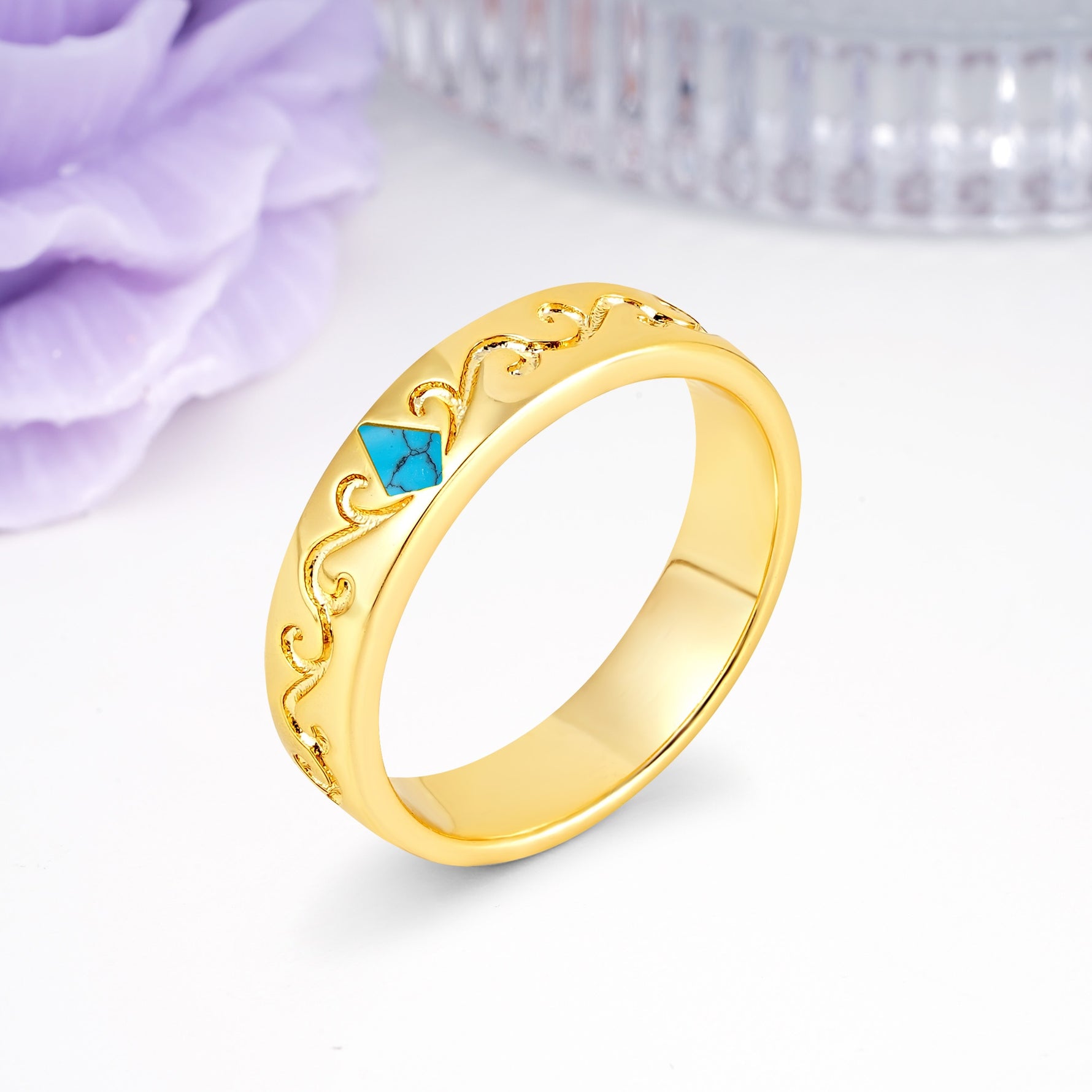 Whimsical Vintage Filigree Scroll Kite Cut Turquoise Wedding Ring - Additional view