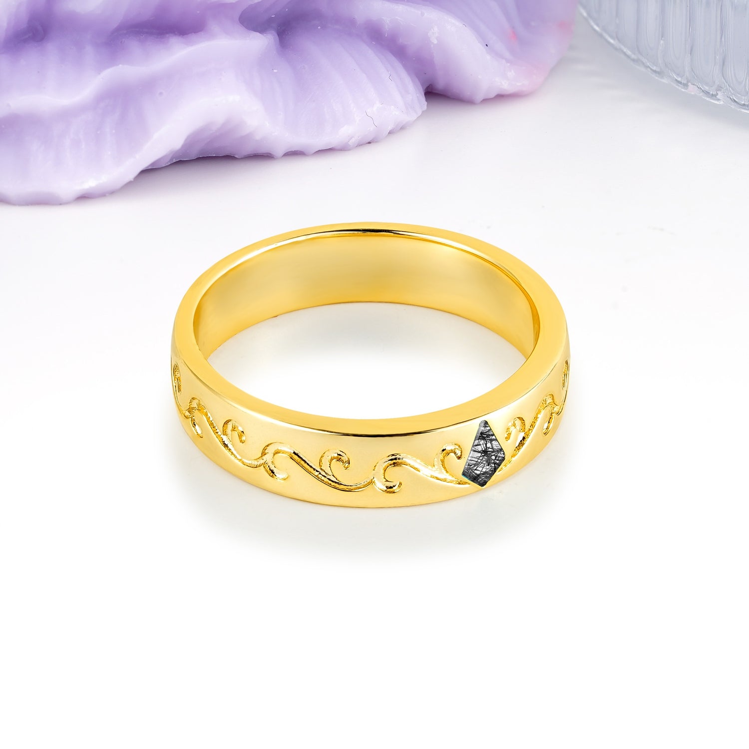 Whimsical Vintage Filigree Scroll Kite Cut Black Rutilated Quartz Wedding Ring - Additional view