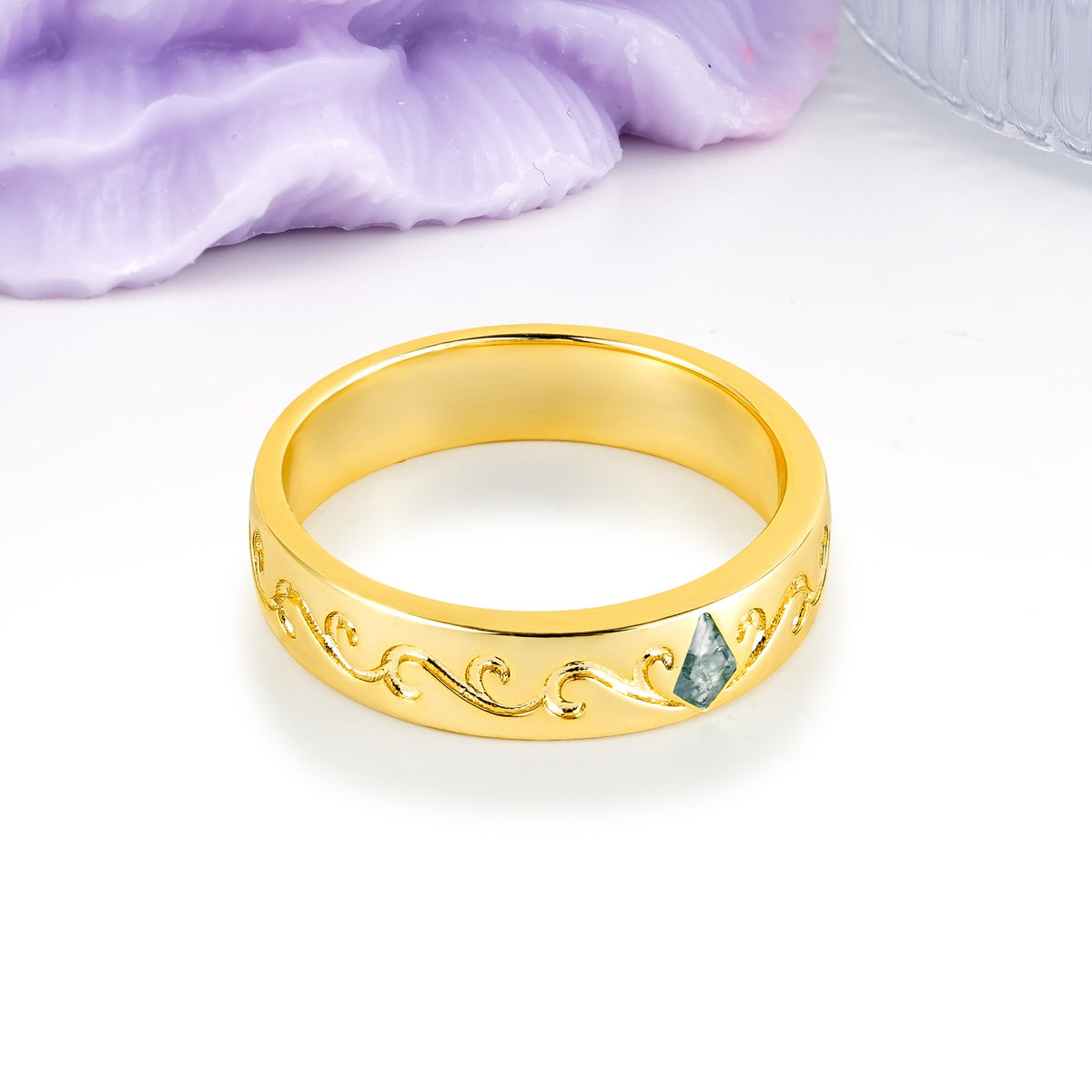 Whimsical Vintage Filigree Scroll Kite Cut Moss Agate Wedding Ring - Additional view