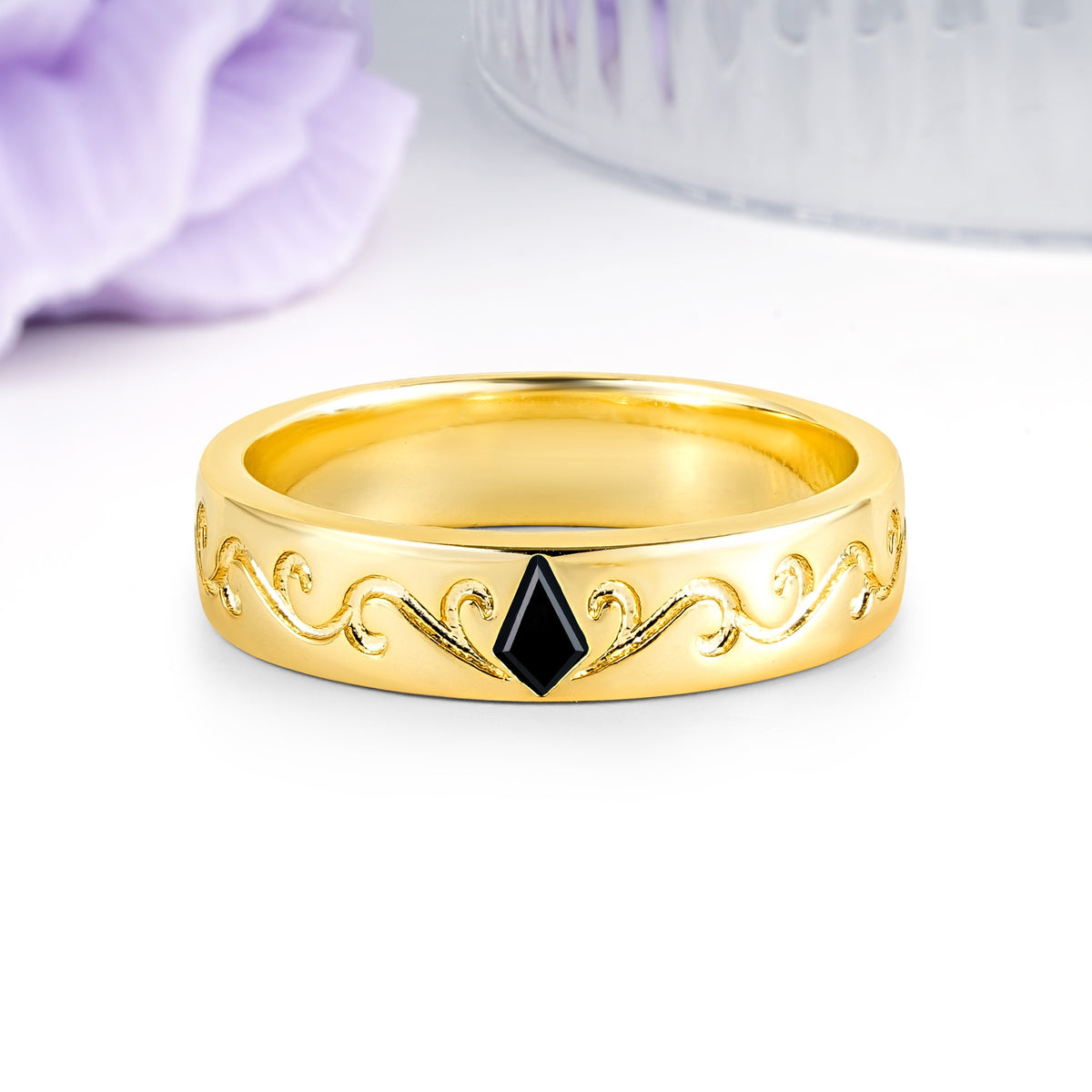 Whimsical Vintage Filigree Scroll Kite Cut Black Onyx Wedding Ring - Additional view