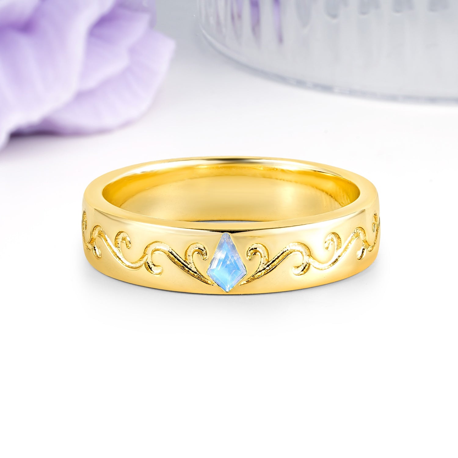 Whimsical Vintage Filigree Scroll Kite Cut Moonstone Wedding Ring - Additional view
