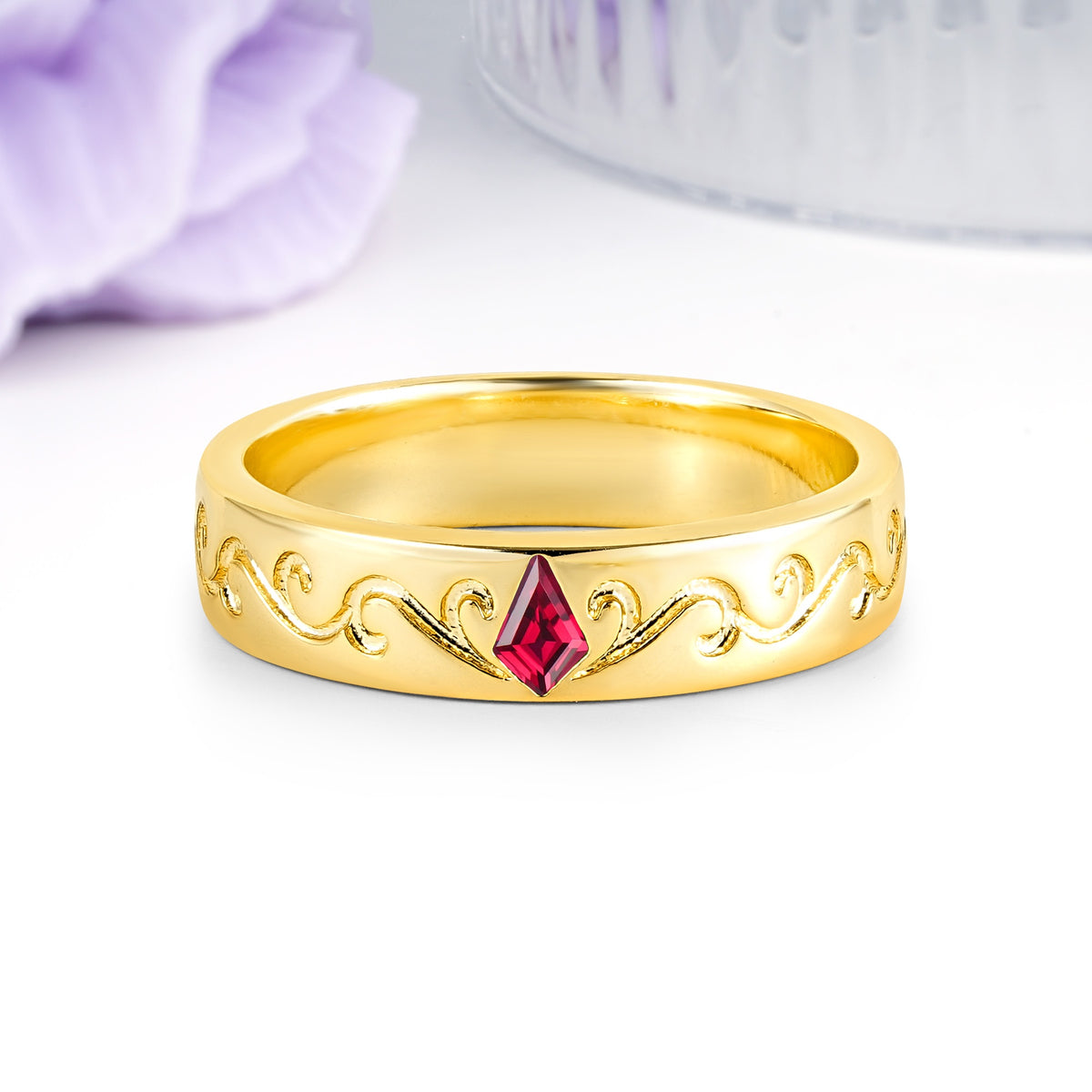 Whimsical Vintage Filigree Scroll Kite Cut Ruby Wedding Ring - Additional view