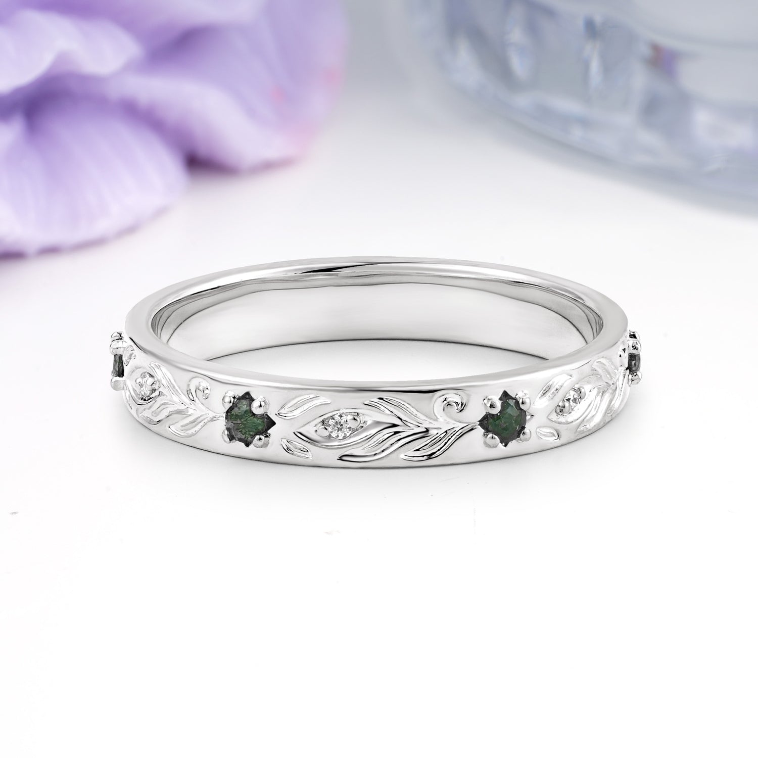 Soft Retro Plume Etched Filigree Mixed Accent Gem Daily & Evening Wear Round Cut Moss Agate Wedding Ring
