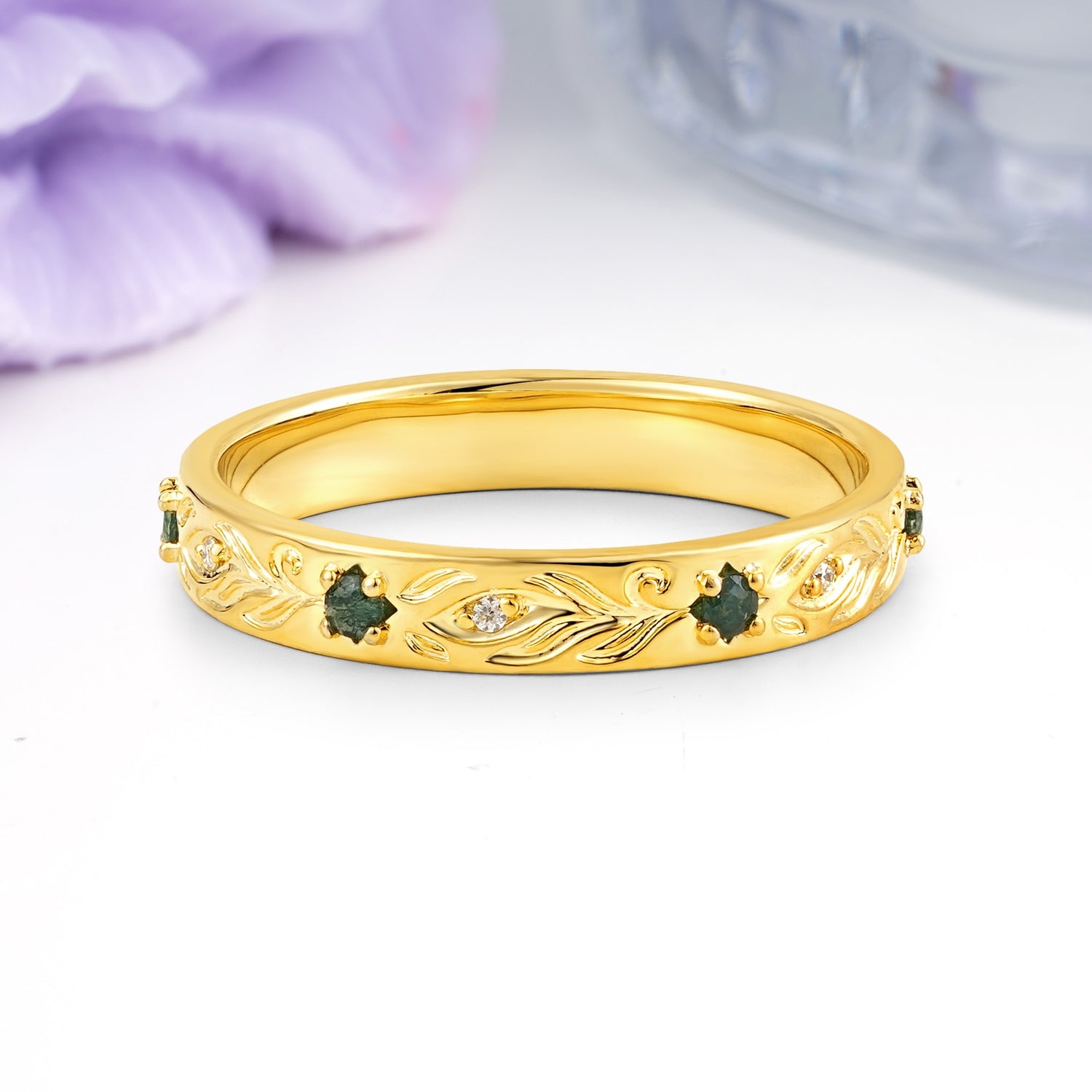 Soft Retro Plume Etched Filigree Mixed Accent Gem Daily & Evening Wear Round Cut Moss Agate Wedding Ring