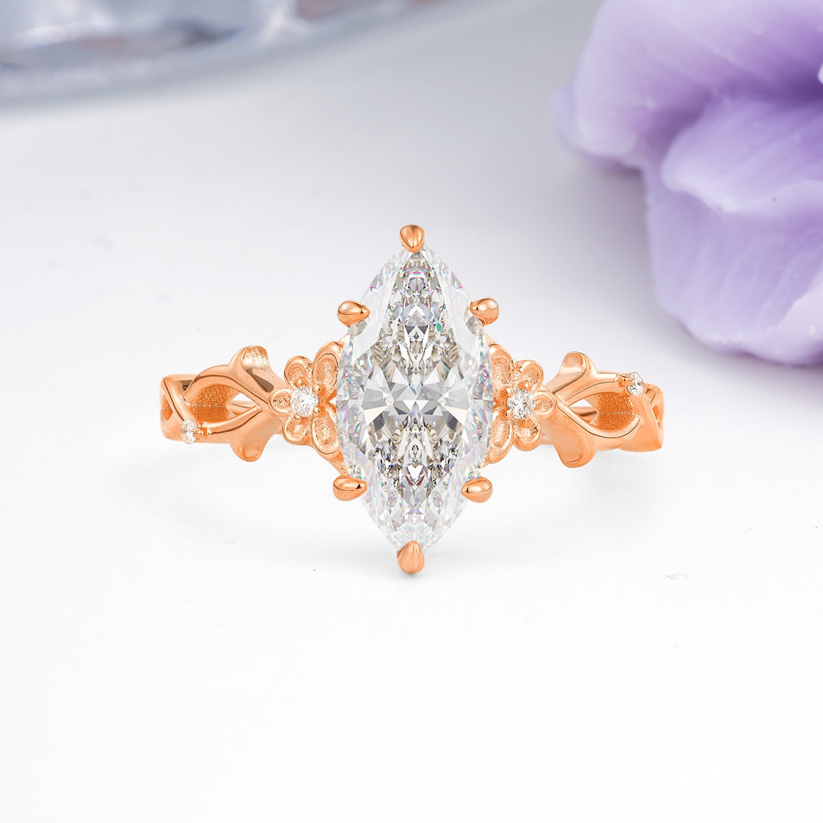 Marquise Cut Solitaire Open Floral Vine Filigree Side Accent Moissanite Engagement Ring - Additional view