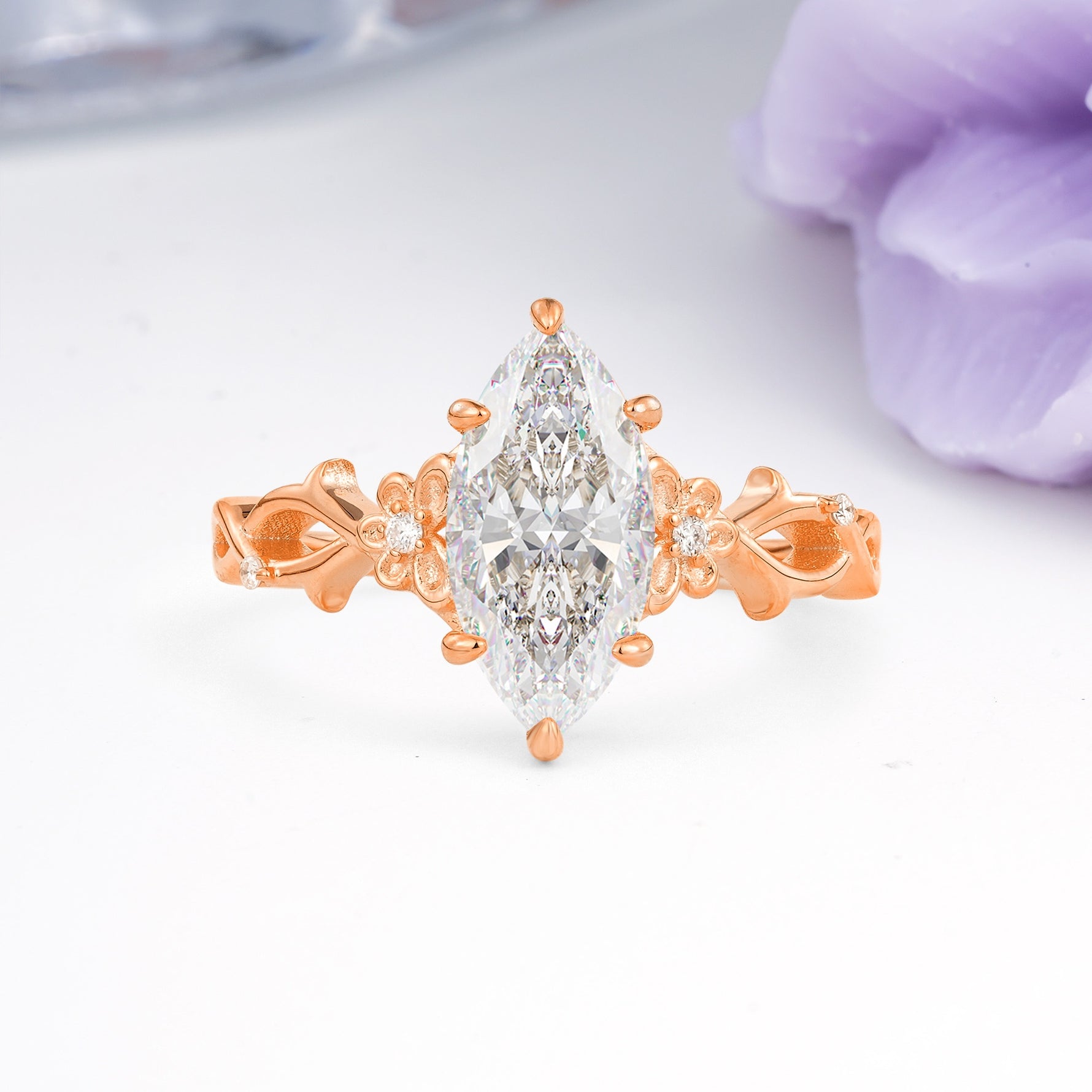 Marquise Cut Solitaire Open Floral Vine Filigree Side Accent Moissanite Engagement Ring - Additional view