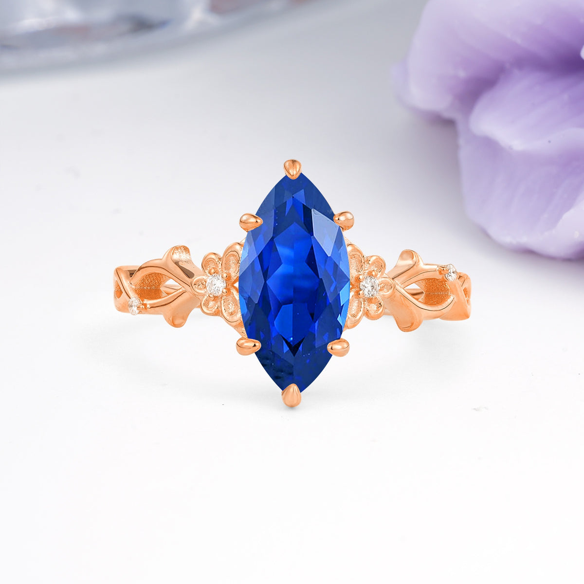Marquise Cut Solitaire Open Floral Vine Filigree Side Accent Sapphire Engagement Ring - Additional view