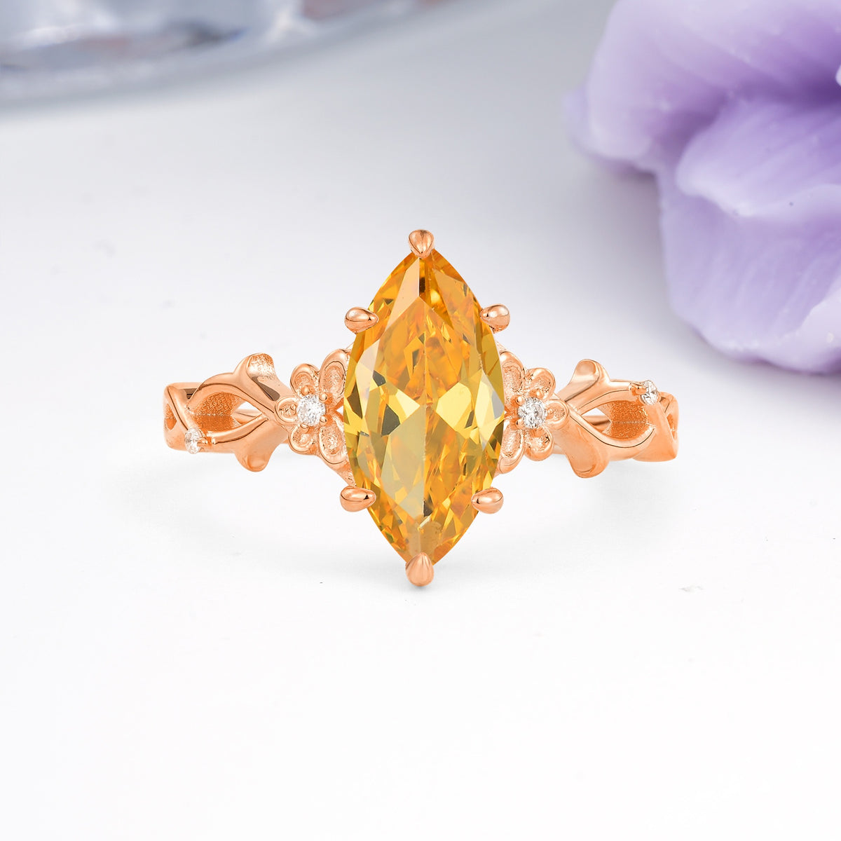 Marquise Cut Solitaire Open Floral Vine Filigree Side Accent Citrine Engagement Ring - Additional view