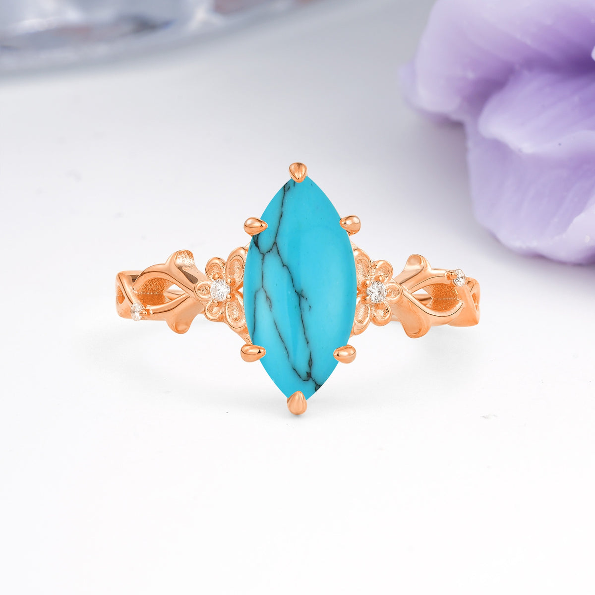 Marquise Cut Solitaire Open Floral Vine Filigree Side Accent Turquoise Engagement Ring - Additional view