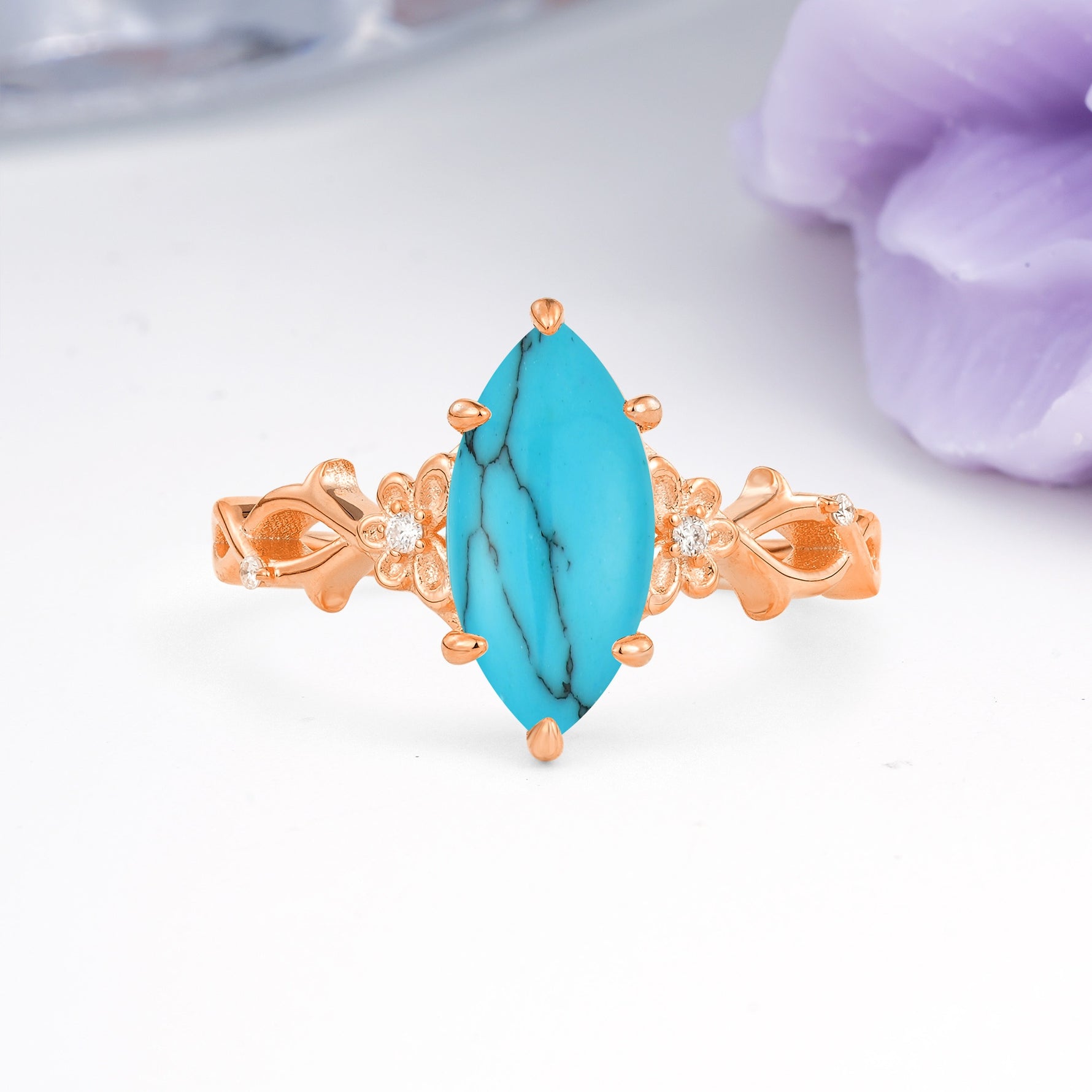 Marquise Cut Solitaire Open Floral Vine Filigree Side Accent Turquoise Engagement Ring - Additional view