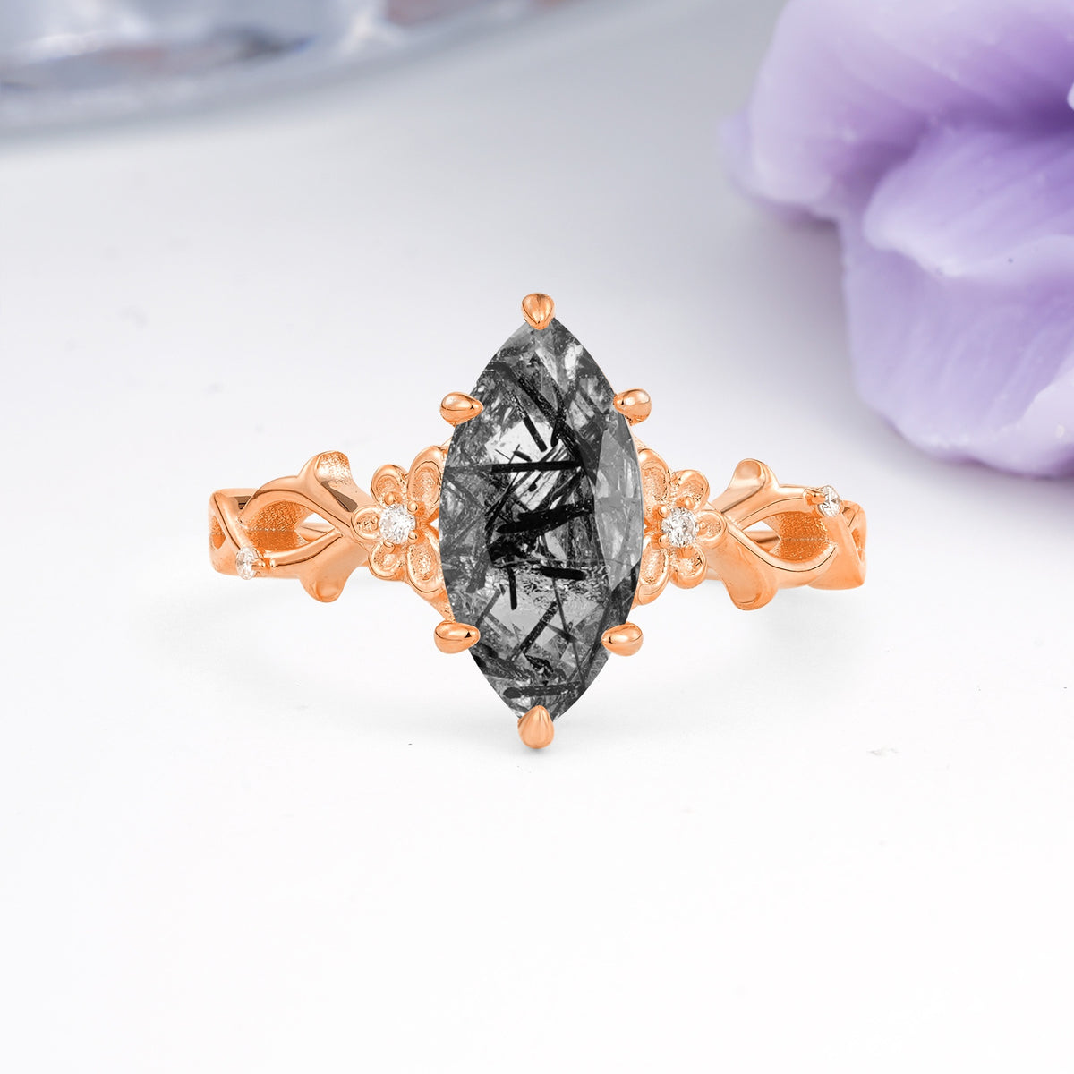 Marquise Cut Solitaire Open Floral Vine Filigree Side Accent Black Rutilated Quartz Engagement Ring - Additional view