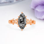 Marquise Cut Solitaire Open Floral Vine Filigree Side Accent Black Rutilated Quartz Engagement Ring - Additional view
