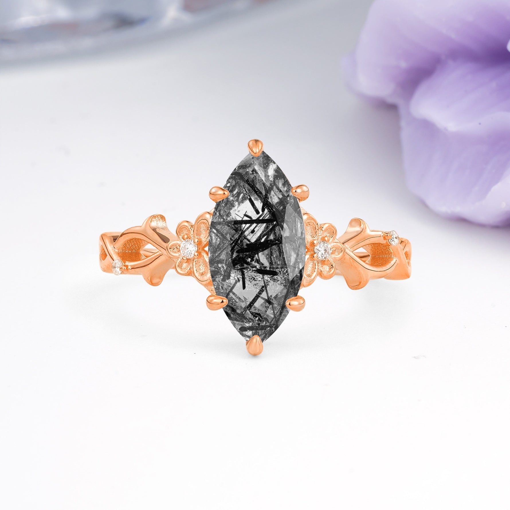 Marquise Cut Solitaire Open Floral Vine Filigree Side Accent Black Rutilated Quartz Engagement Ring - Additional view