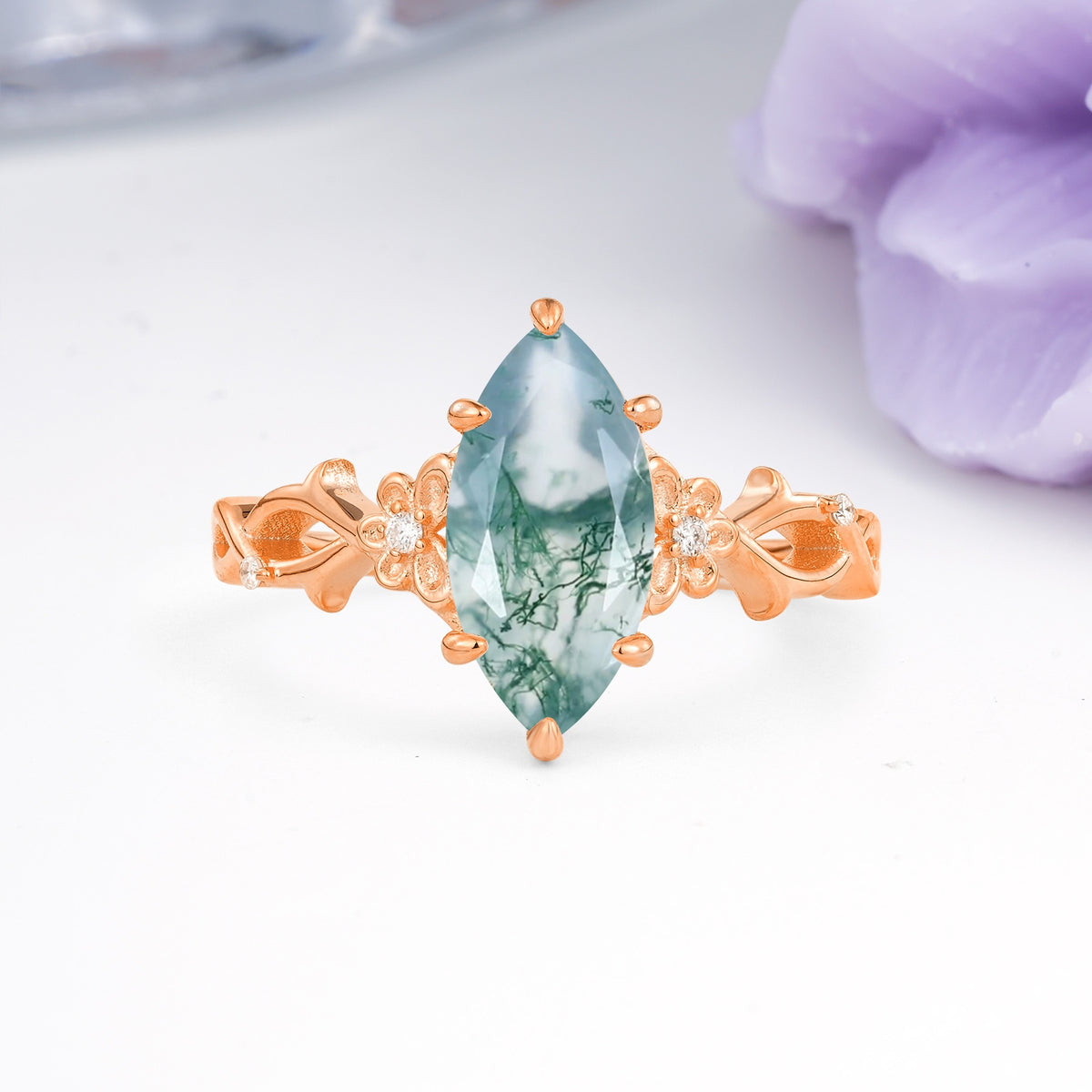 Marquise Cut Solitaire Open Floral Vine Filigree Side Accent Moss Agate Engagement Ring - Additional view