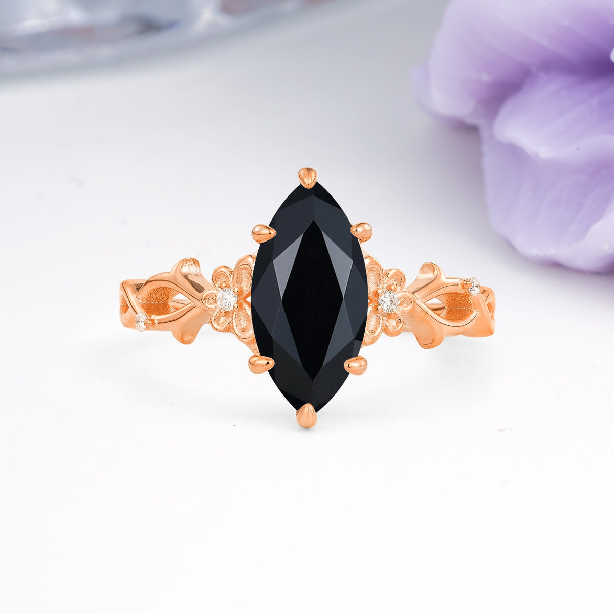 Marquise Cut Solitaire Open Floral Vine Filigree Side Accent Black Onyx Engagement Ring - Additional view