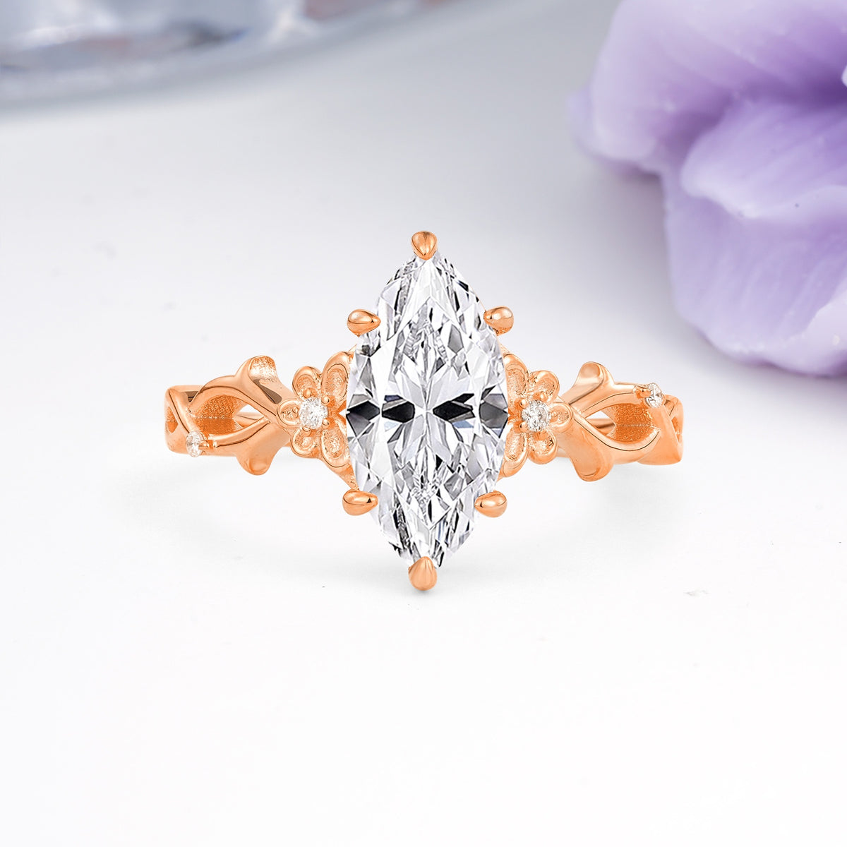Marquise Cut Solitaire Open Floral Vine Filigree Side Accent Lab Diamond Engagement Ring - Additional view