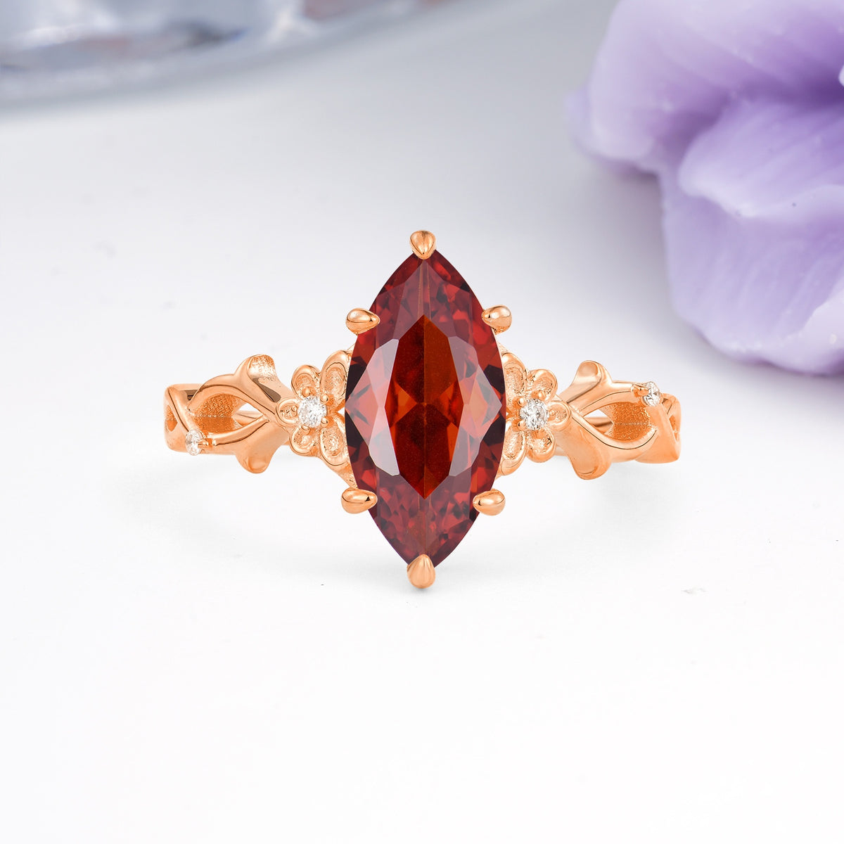 Marquise Cut Solitaire Open Floral Vine Filigree Side Accent Garnet Engagement Ring - Additional view