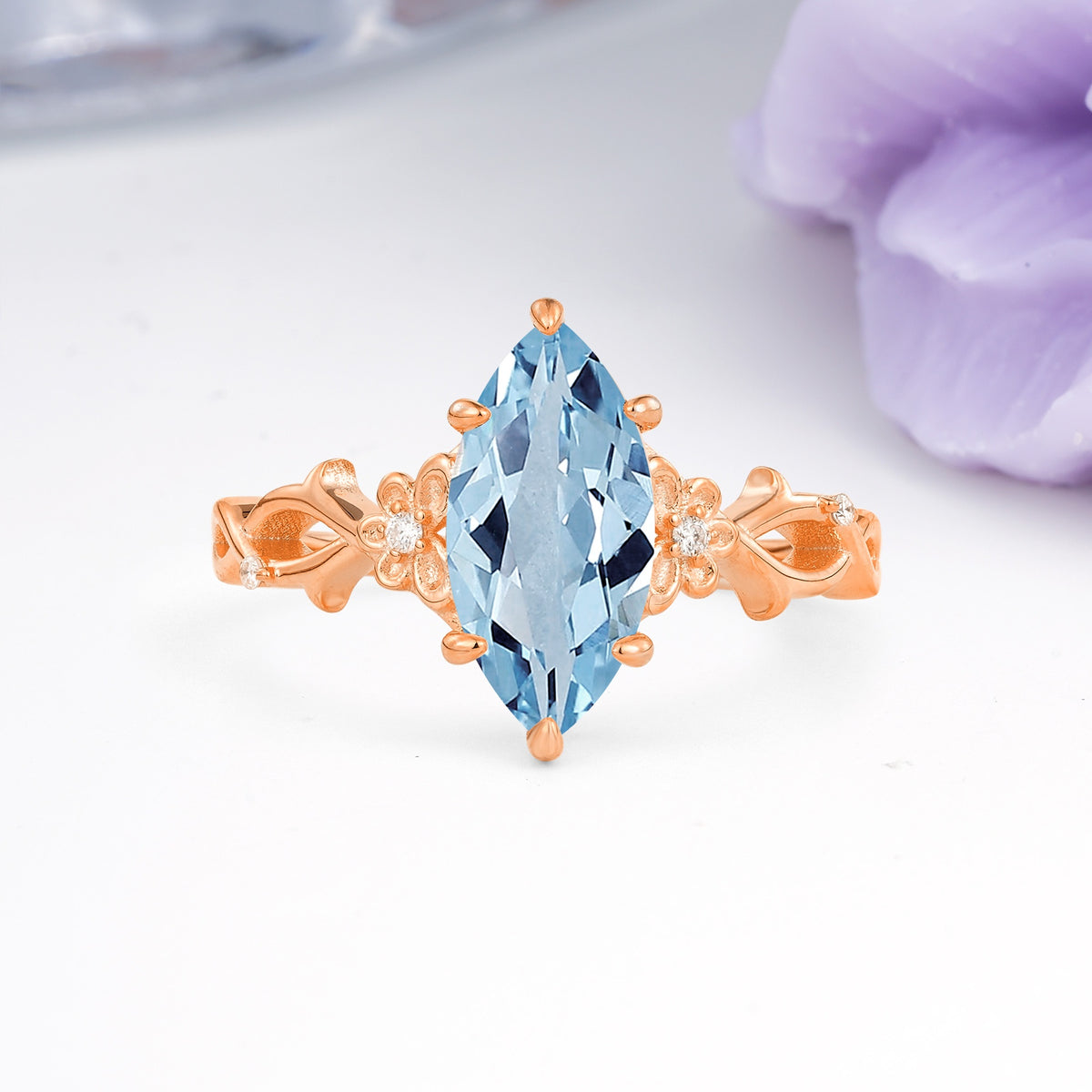 Marquise Cut Solitaire Open Floral Vine Filigree Side Accent Aquamarine Engagement Ring - Additional view