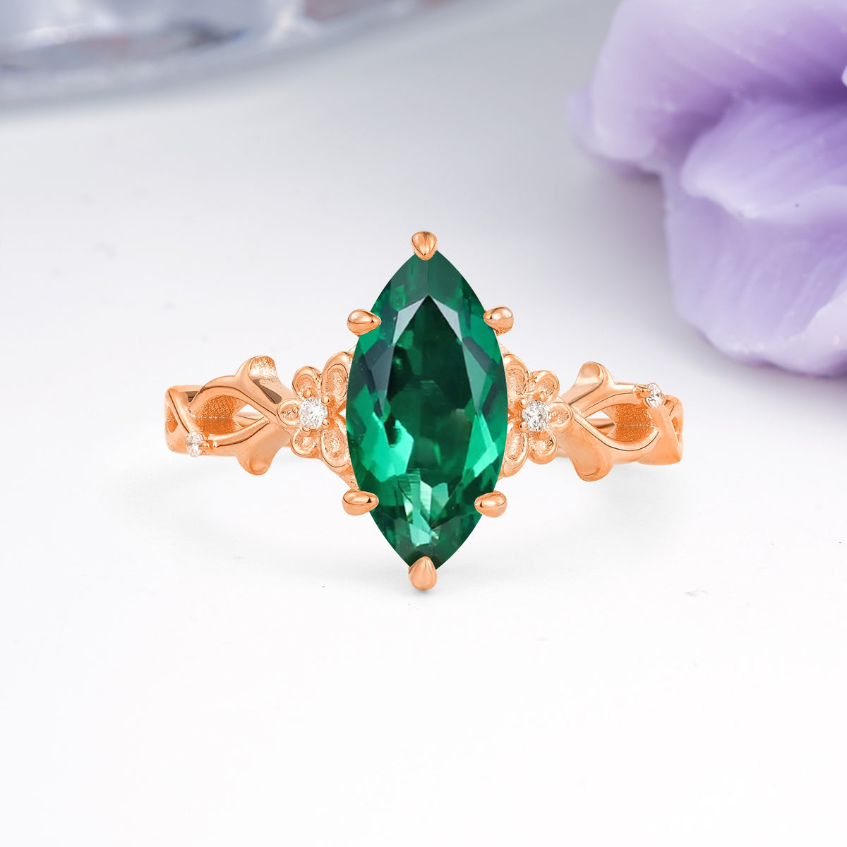 Marquise Cut Solitaire Open Floral Vine Filigree Side Accent Emerald Engagement Ring - Additional view
