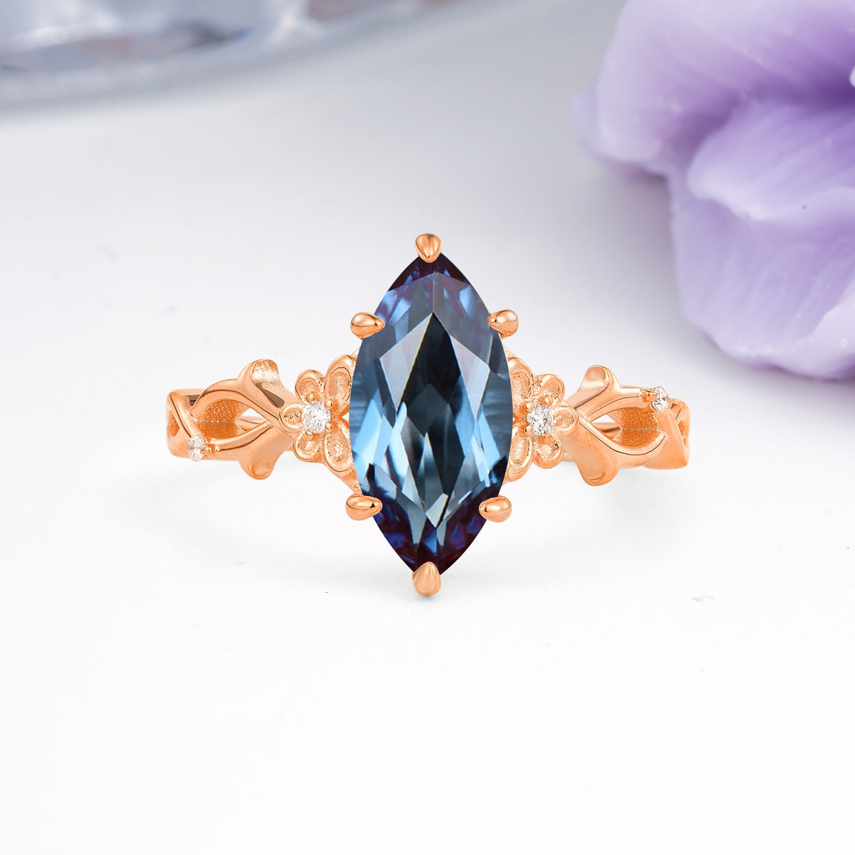 Marquise Cut Solitaire Open Floral Vine Filigree Side Accent Alexandrite Engagement Ring - Additional view