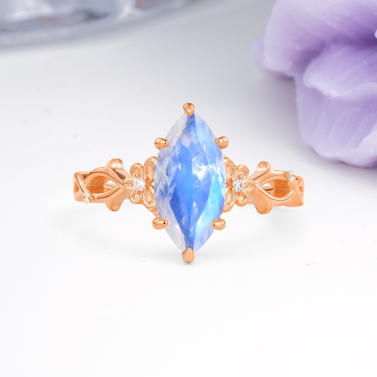 Marquise Cut Solitaire Open Floral Vine Filigree Side Accent Moonstone Engagement Ring - Additional view