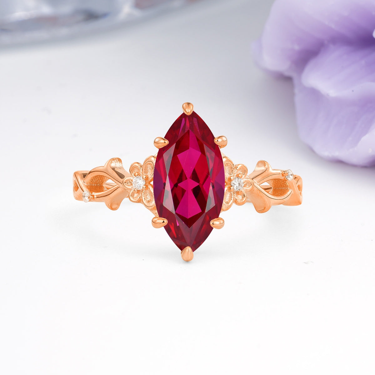 Marquise Cut Solitaire Open Floral Vine Filigree Side Accent Ruby Engagement Ring - Additional view