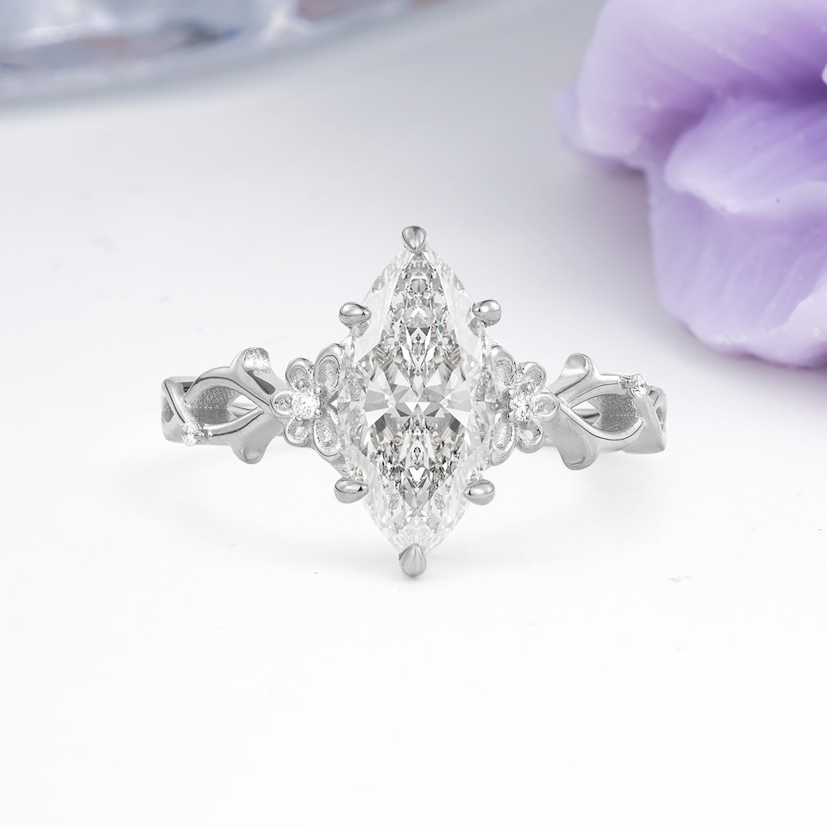Marquise Cut Solitaire Open Floral Vine Filigree Side Accent Moissanite Engagement Ring - Additional view