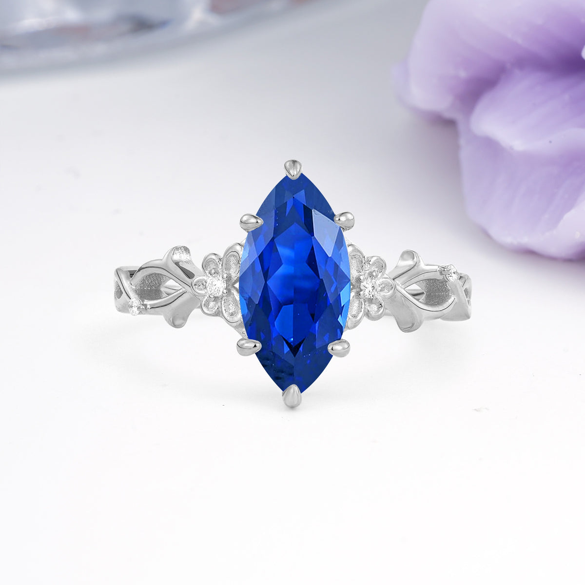 Marquise Cut Solitaire Open Floral Vine Filigree Side Accent Sapphire Engagement Ring - Additional view