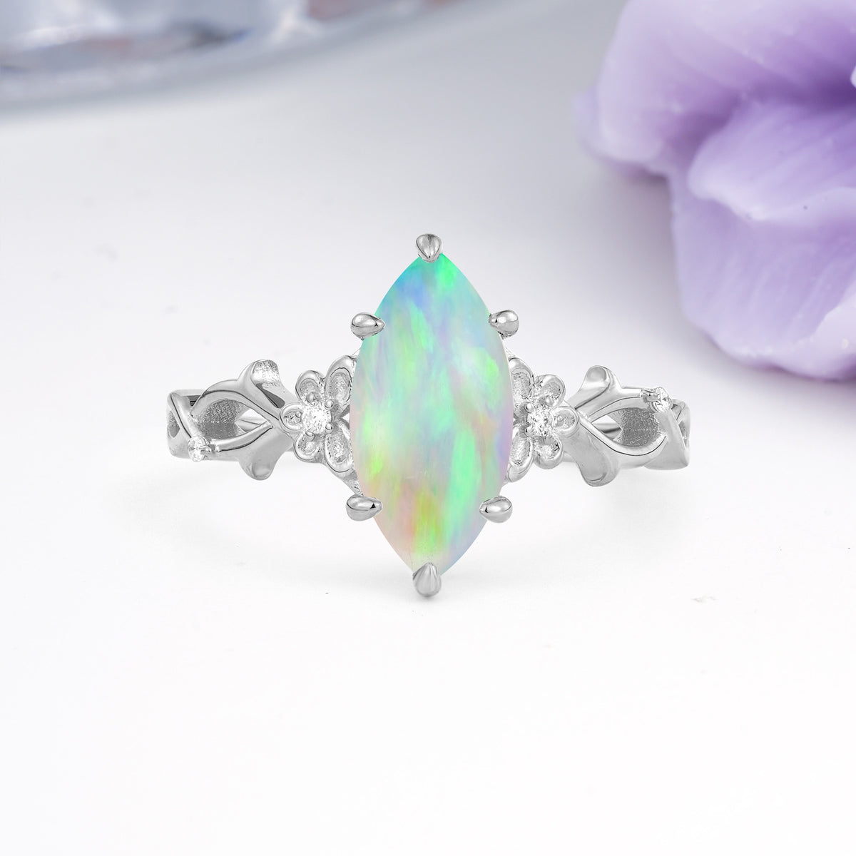 Marquise Cut Solitaire Open Floral Vine Filigree Side Accent Fire Opal Engagement Ring - Additional view
