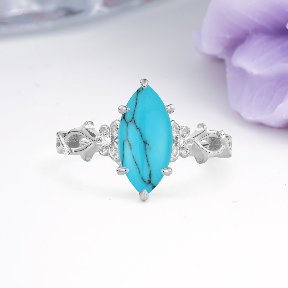 Marquise Cut Solitaire Open Floral Vine Filigree Side Accent Turquoise Engagement Ring - Additional view
