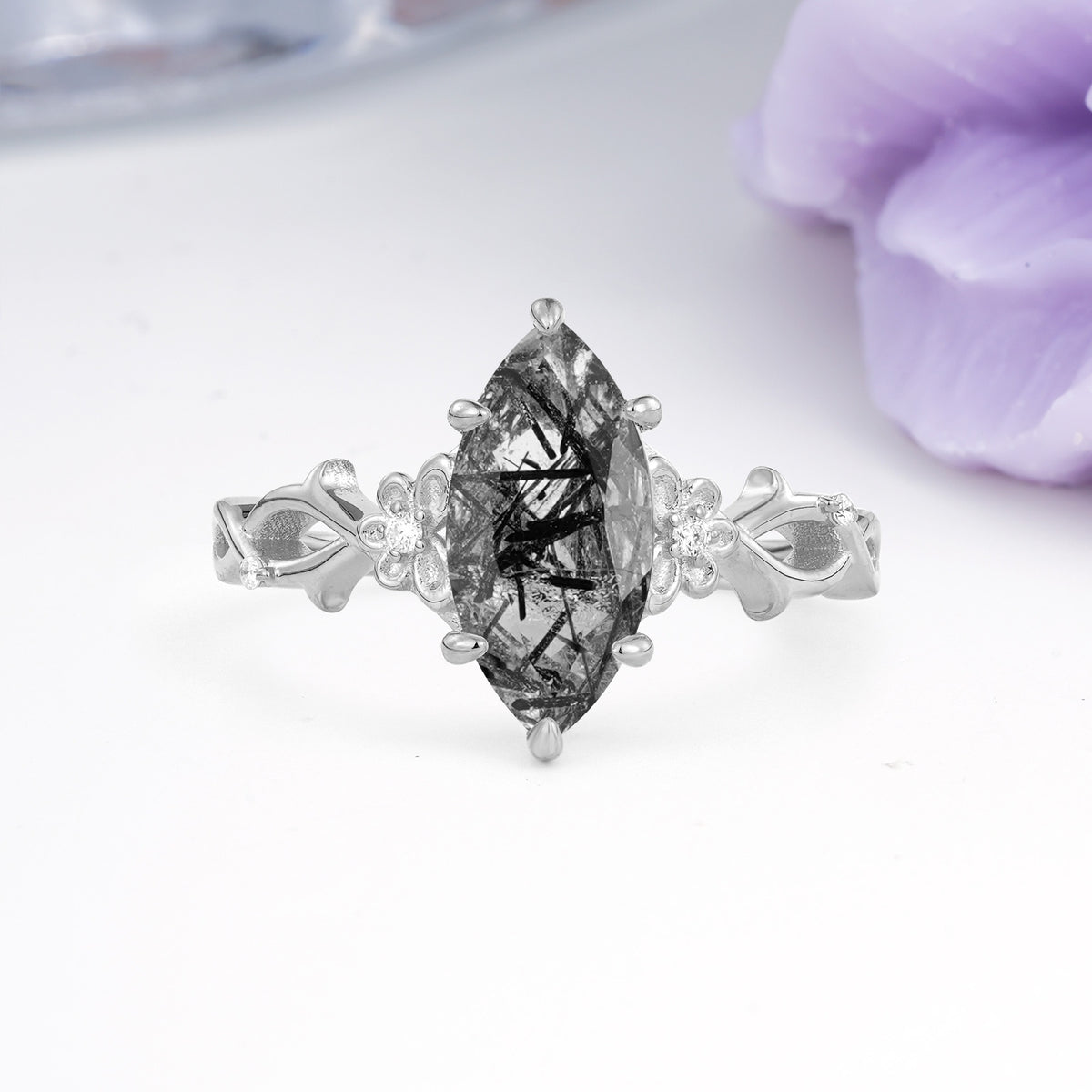 Marquise Cut Solitaire Open Floral Vine Filigree Side Accent Black Rutilated Quartz Engagement Ring - Additional view