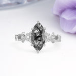 Marquise Cut Solitaire Open Floral Vine Filigree Side Accent Black Rutilated Quartz Engagement Ring - Additional view