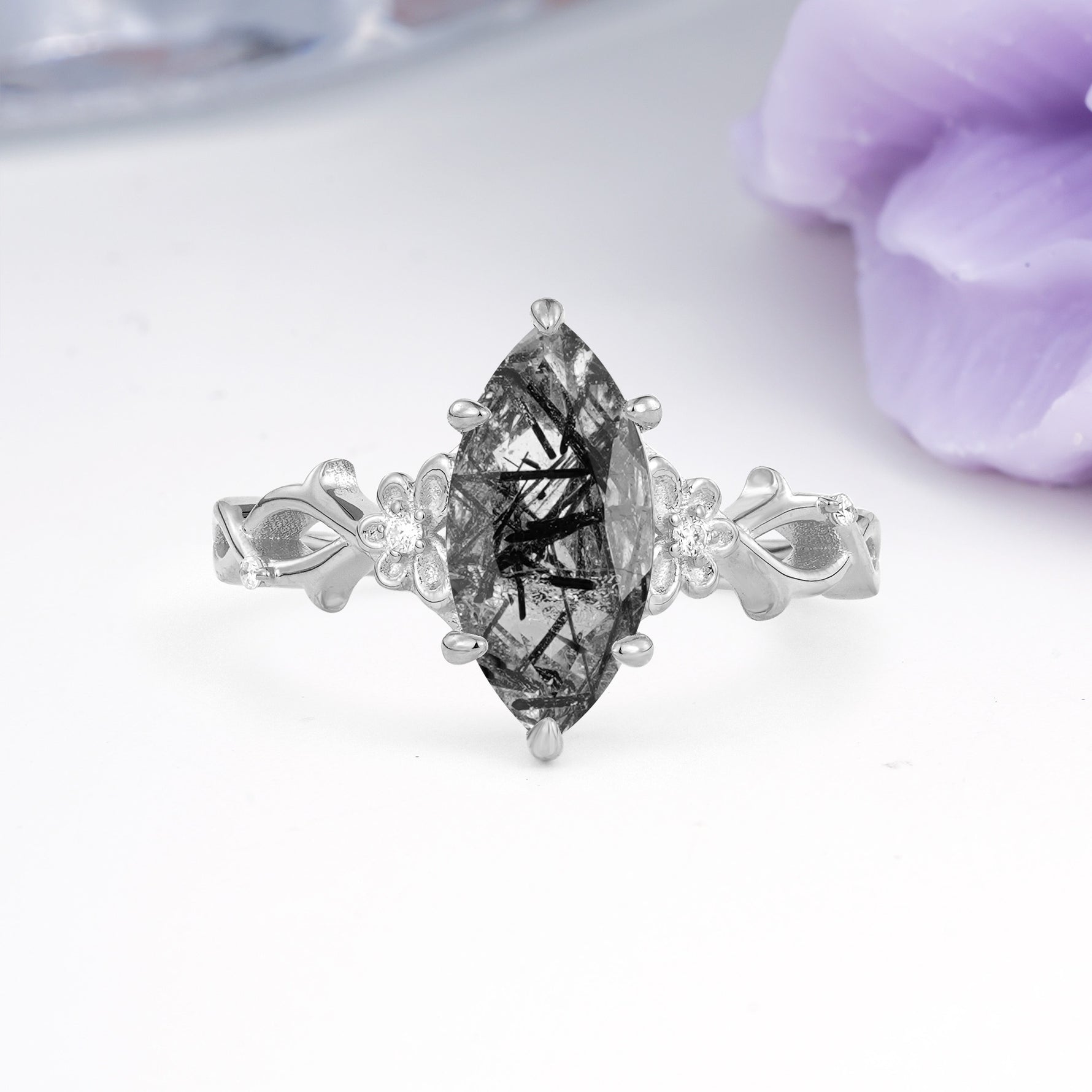 Marquise Cut Solitaire Open Floral Vine Filigree Side Accent Black Rutilated Quartz Engagement Ring - Additional view