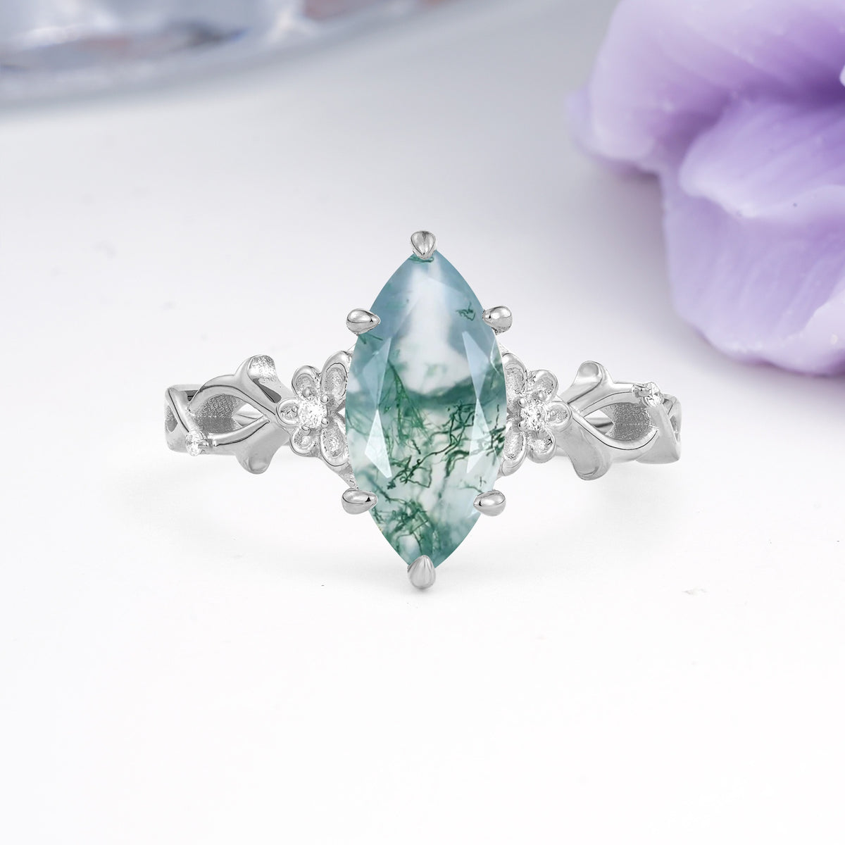 Marquise Cut Solitaire Open Floral Vine Filigree Side Accent Moss Agate Engagement Ring - Additional view