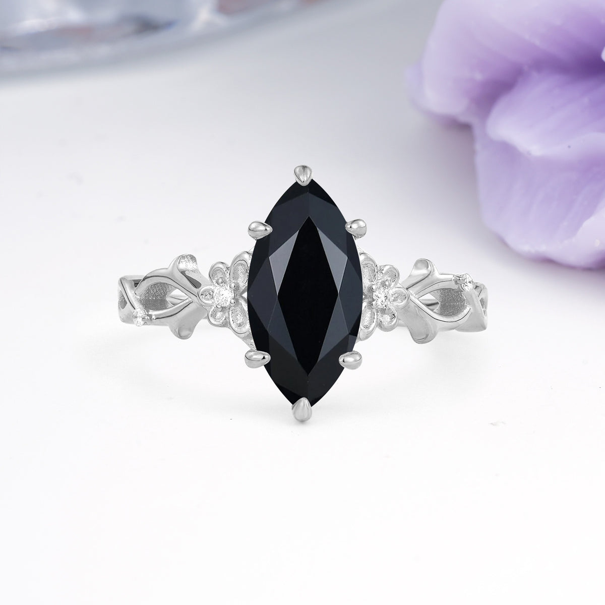 Marquise Cut Solitaire Open Floral Vine Filigree Side Accent Black Onyx Engagement Ring - Additional view