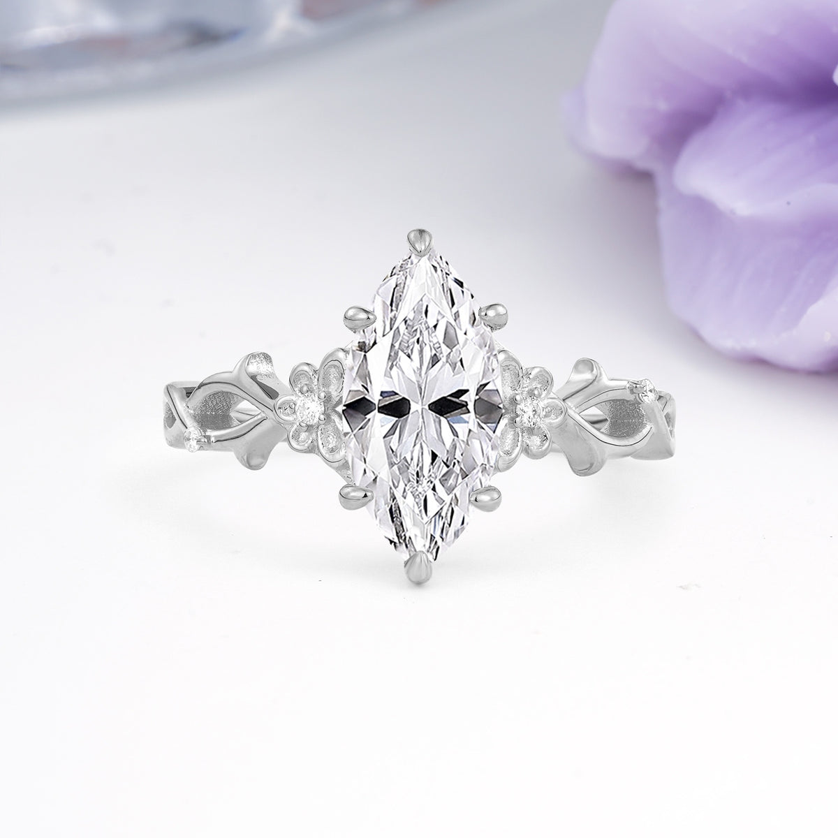 Marquise Cut Solitaire Open Floral Vine Filigree Side Accent Lab Diamond Engagement Ring - Additional view