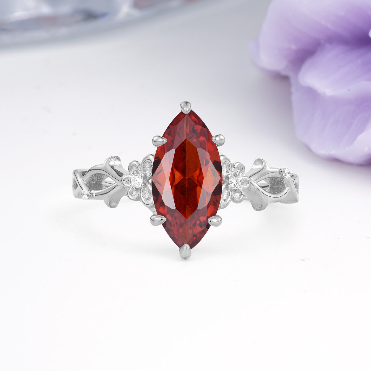 Marquise Cut Solitaire Open Floral Vine Filigree Side Accent Garnet Engagement Ring - Additional view