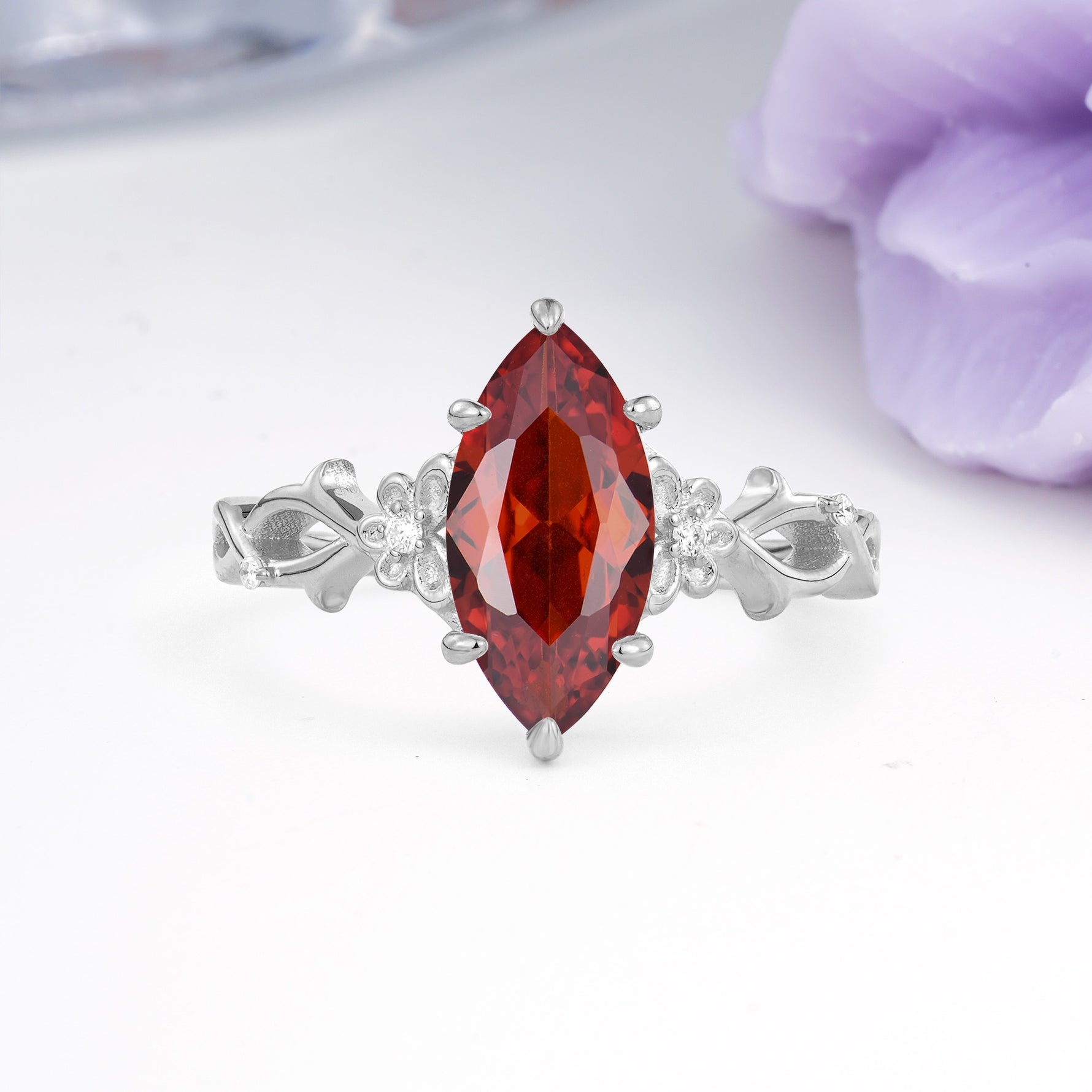 Marquise Cut Solitaire Open Floral Vine Filigree Side Accent Garnet Engagement Ring - Additional view