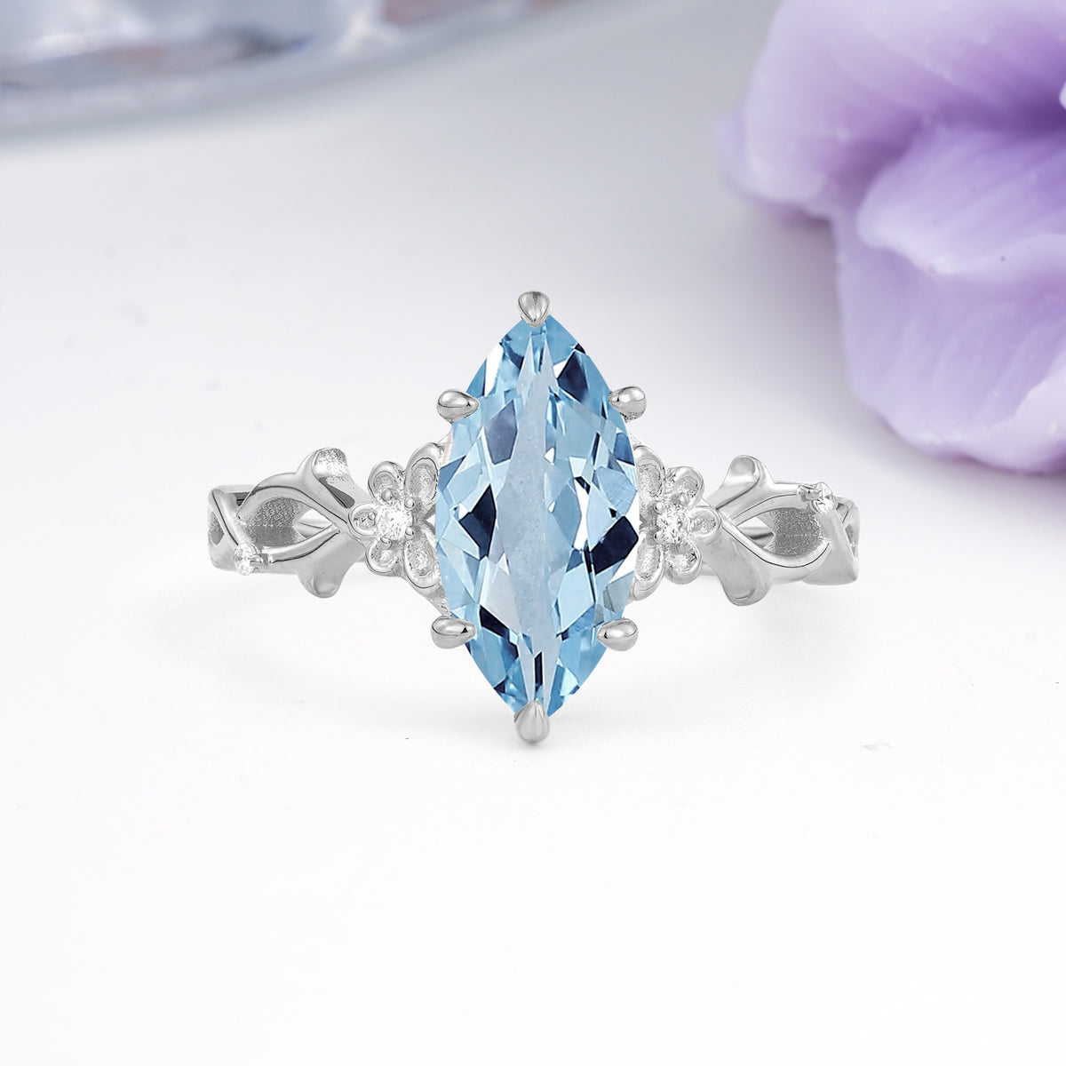 Marquise Cut Solitaire Open Floral Vine Filigree Side Accent Aquamarine Engagement Ring - Additional view