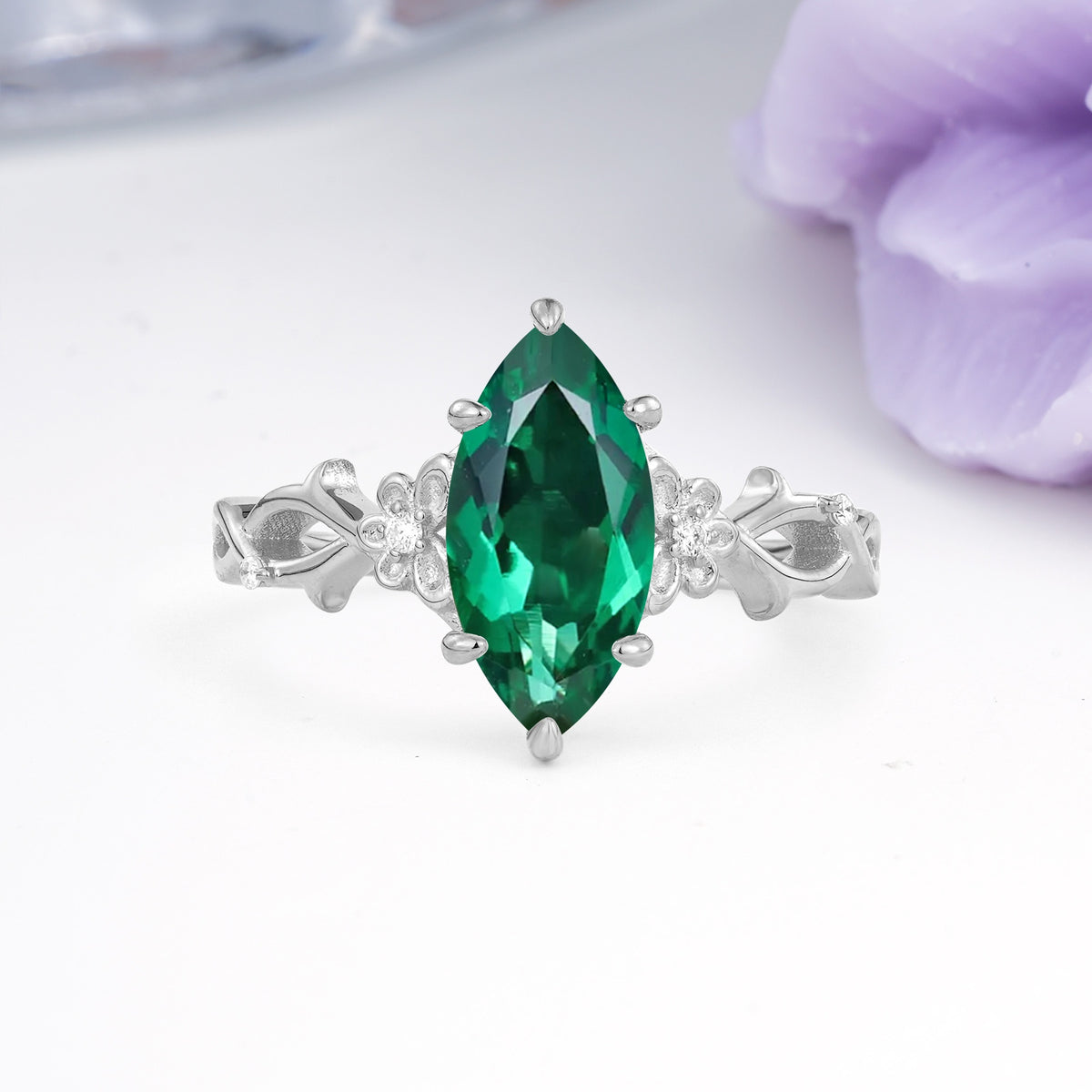 Marquise Cut Solitaire Open Floral Vine Filigree Side Accent Emerald Engagement Ring - Additional view